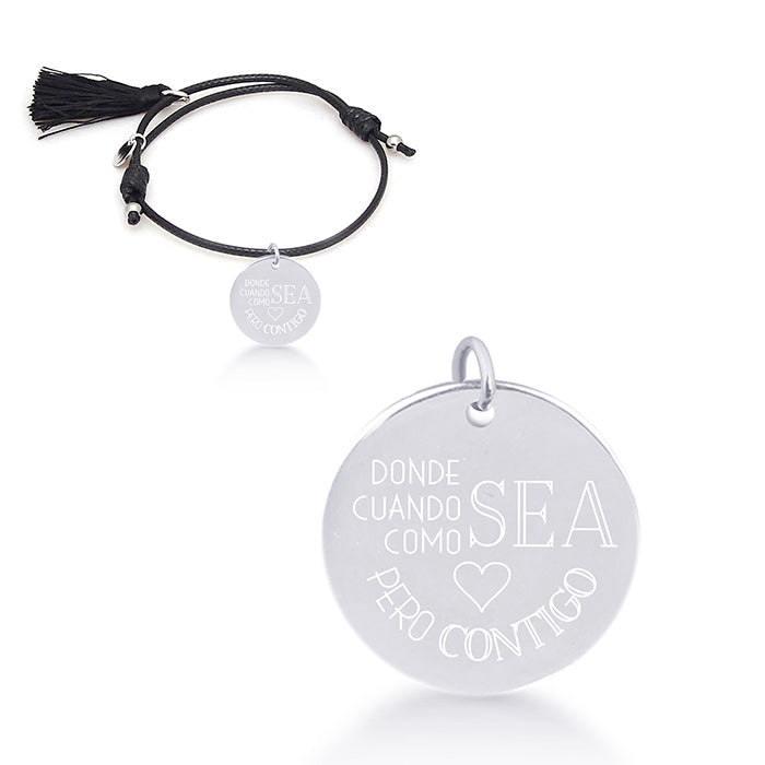 Pulsera de Plata de Ley 925 con Algodon Negro acabada en rodio - Mi Sol