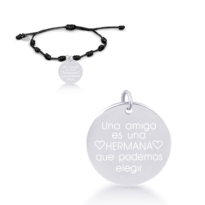 Pulsera de Plata de Ley 925 con Algodon Negro acabada en rodio - Mi Sol