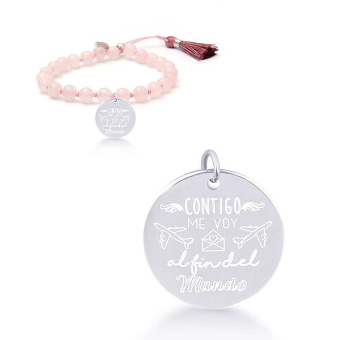 Pulsera de Plata de Ley 925 con Cuarzo Rosa acabada en rodio - Mi Sol