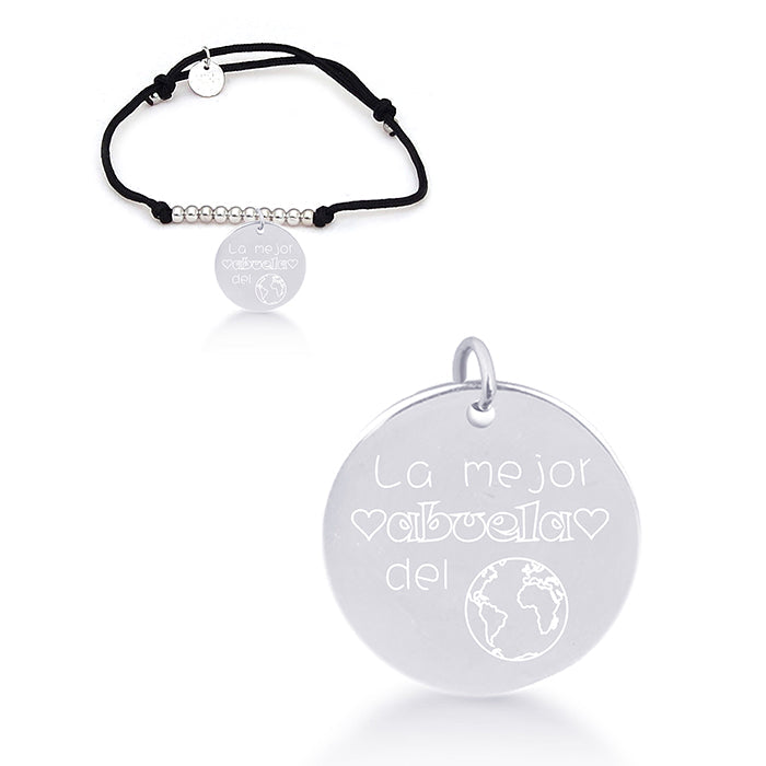 Pulsera de Plata de Ley 925 con Algodon Negro acabada en rodio - Mi Sol