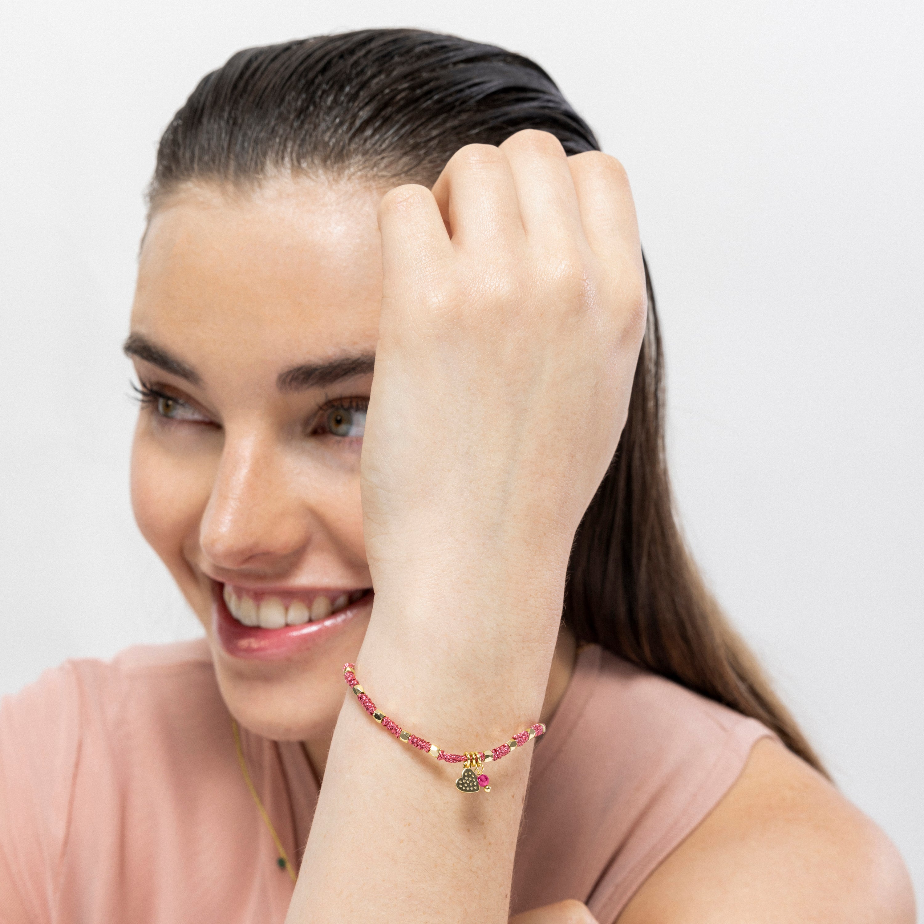 Pulsera de Plata de Ley 925 y Cristal Rosa acabada en oro amarillo 18K - Corazón