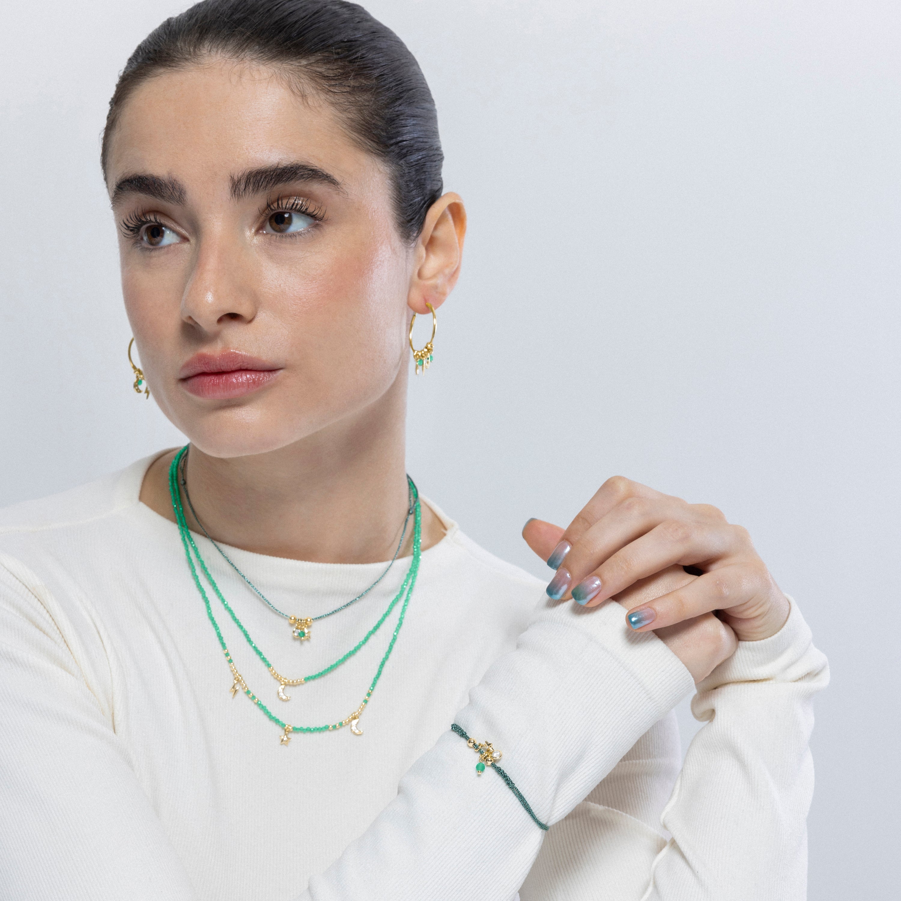 Pulsera de Plata de Ley 925 y Cristal Verde acabada en oro amarillo de 18k - Estrella