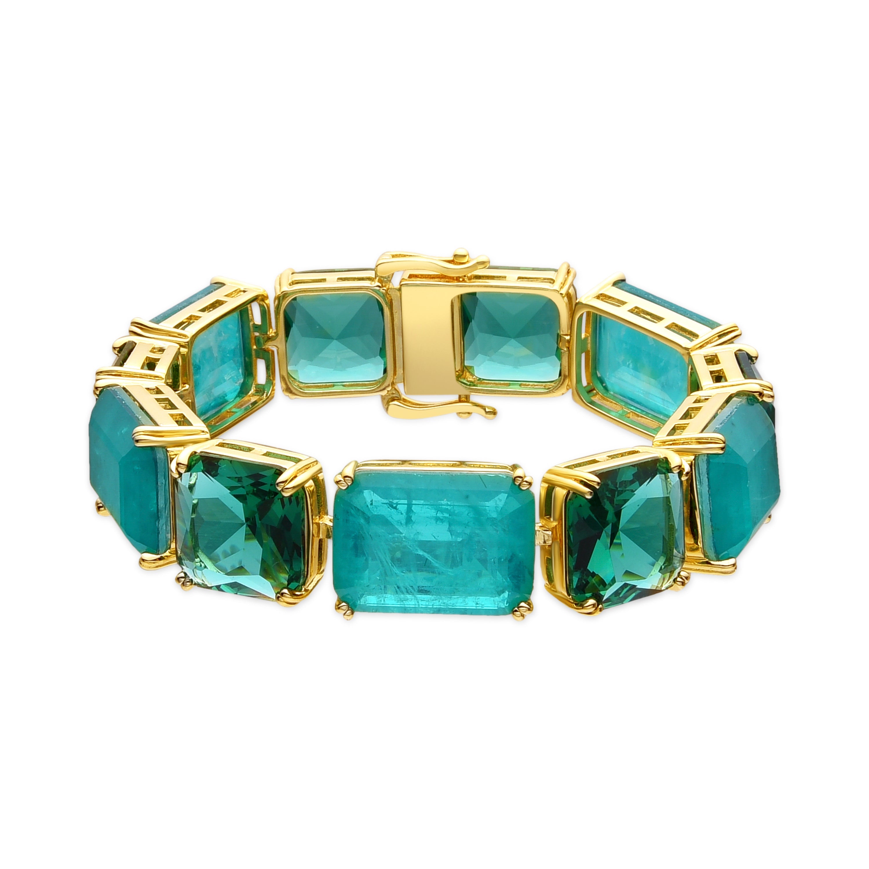 Pulsera de Plata de Ley 925 y Cuarzo Hidrotermal Verde Paraiba acabado oro amarillo de 18k - Lindrak