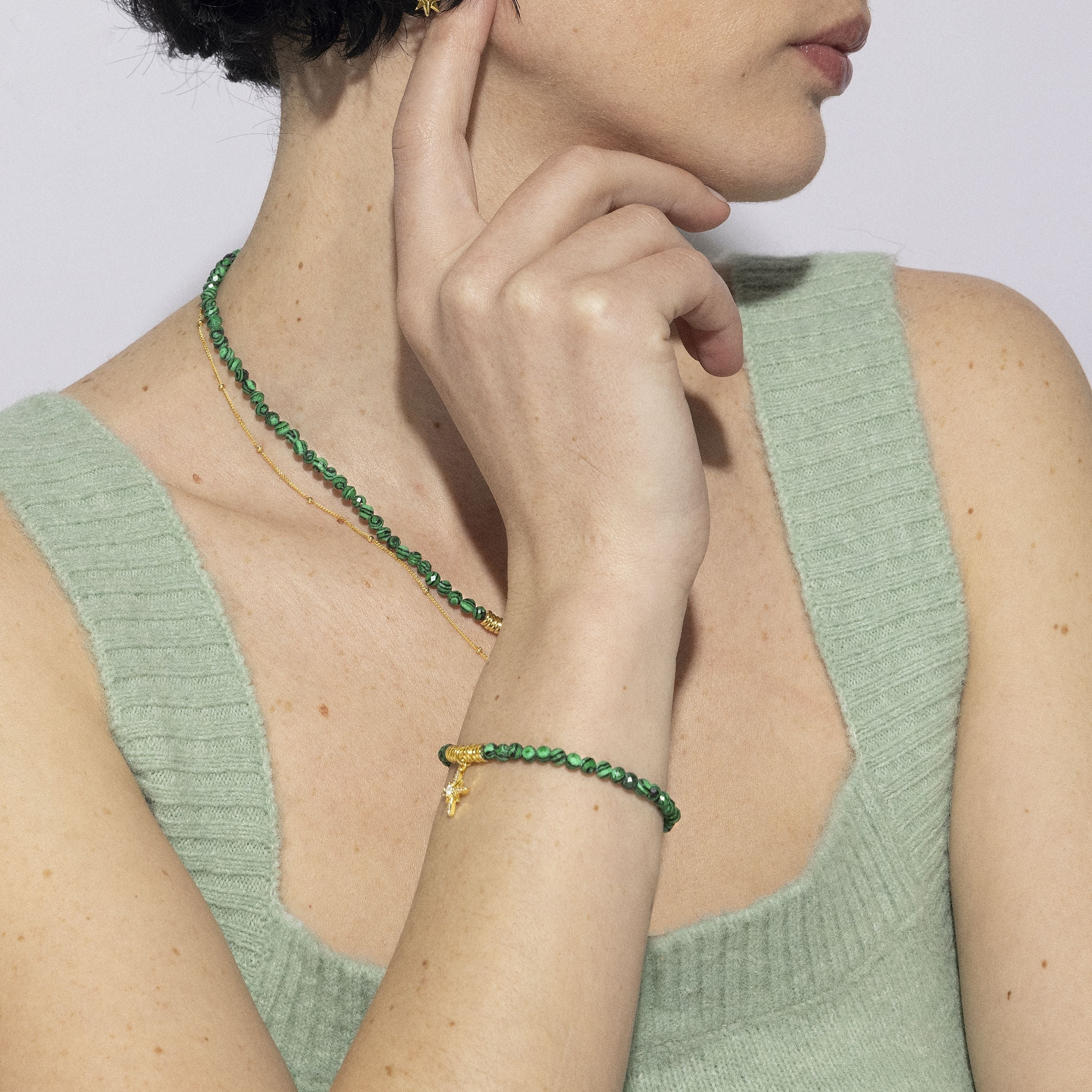 Pulsera de Plata de Ley 925 con Malaquita acabada en oro amarillo 18K - Locare
