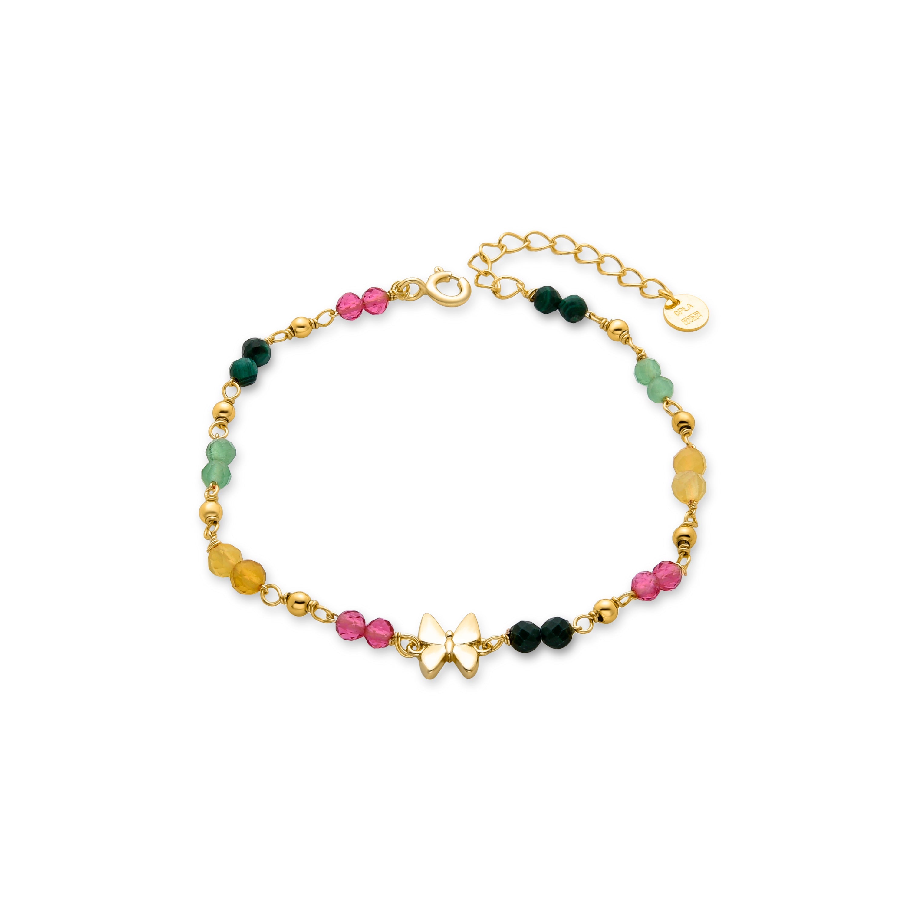 925er Sterlingsilberarmband mit grünem Kristall, vergoldet mit 18K Gelbgold - Schmetterling