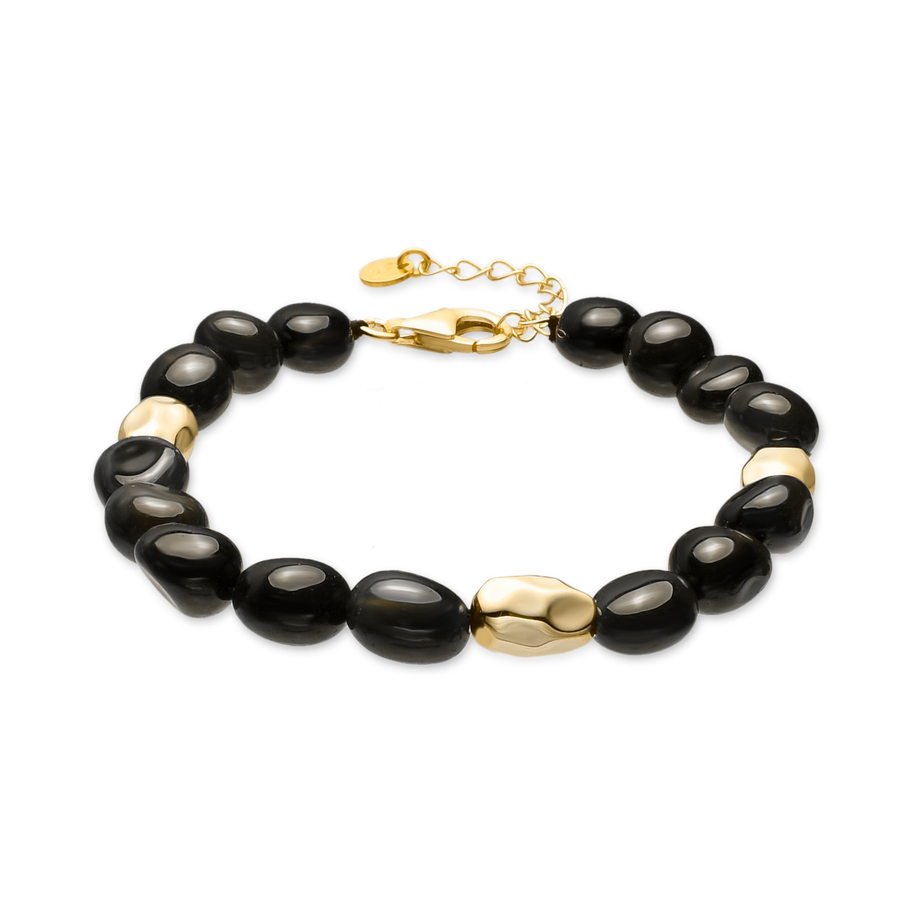 Pulsera de Plata de Ley 925 y Agata Negra acabado oro amarillo de 18k - Melga
