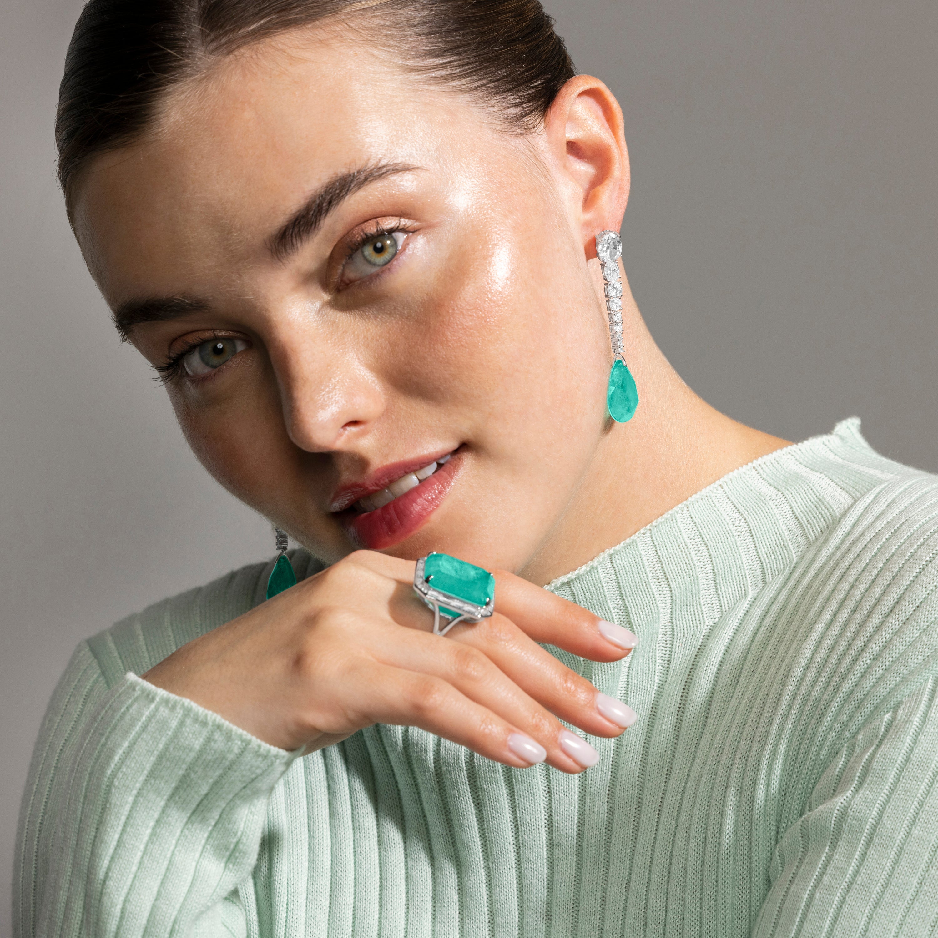 925 Sterling Silver Earrings with Light Green Hydrothermal Quartz finished in Rhodium - Kim