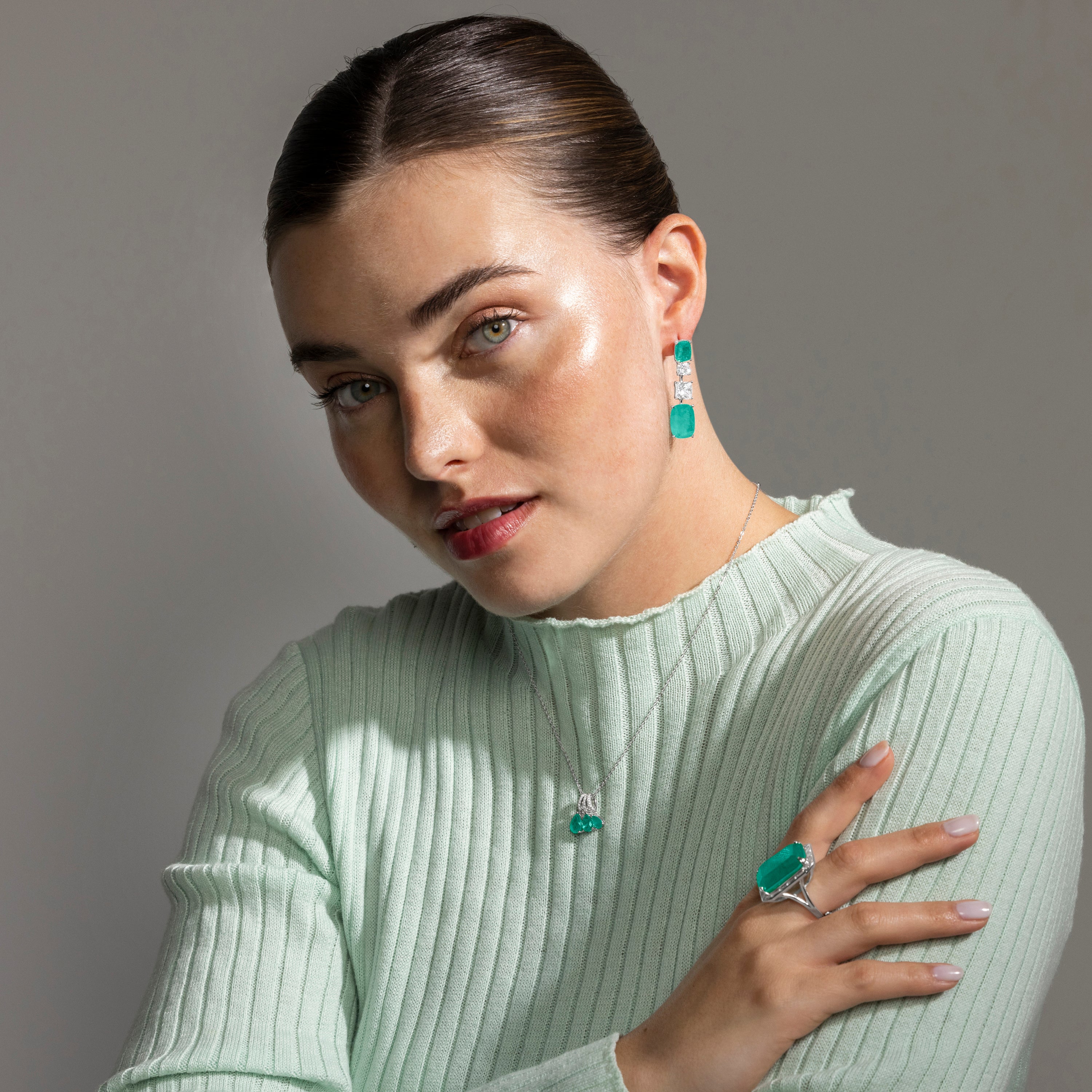 925 Sterling Silver Earrings with Light Green Hydrothermal Quartz finished in rhodium - Basimil