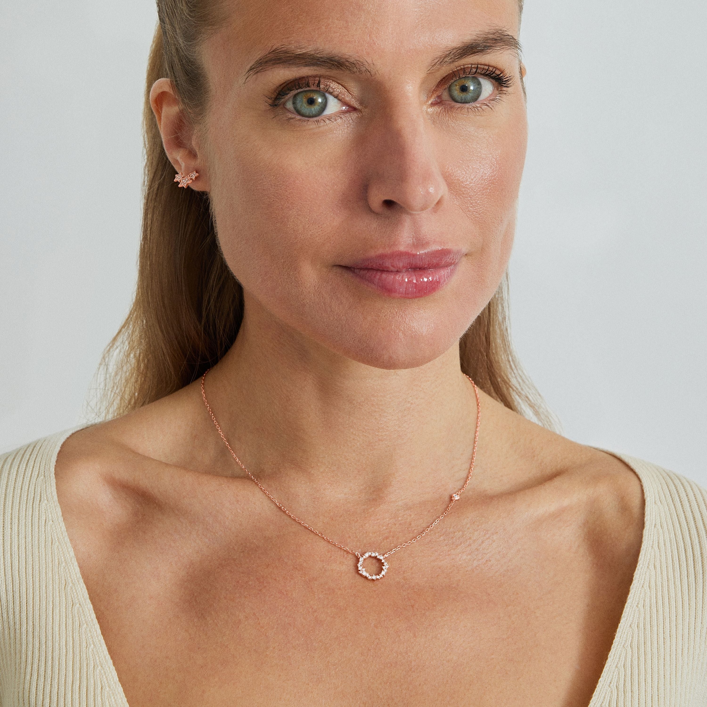 Boucles d'oreilles en argent sterling 925 avec zircon brillant, finies en or rose 18K - Famille