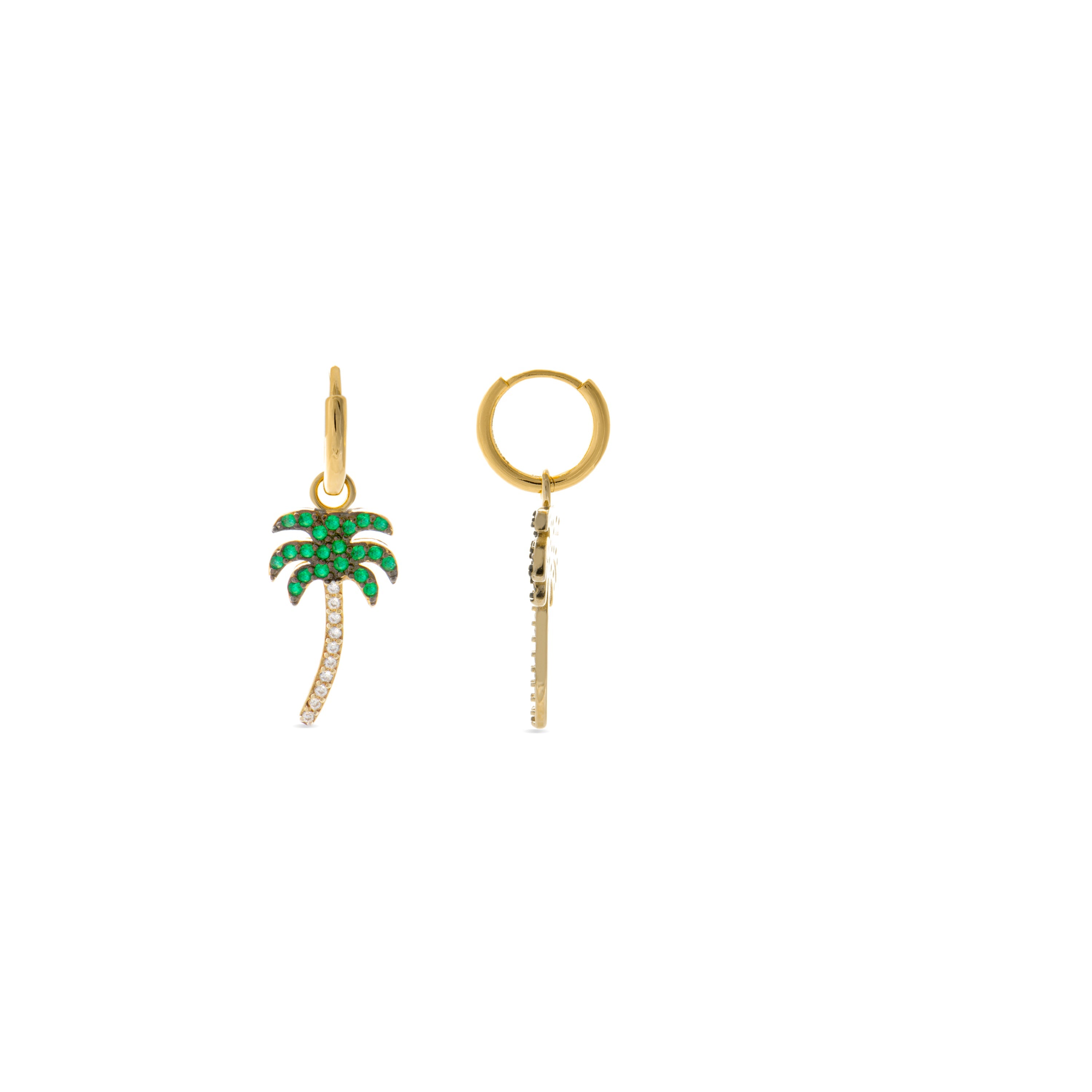 925 Sterling Silver Earrings with Emerald Zirconia finished in 18K yellow gold - Palm Tree