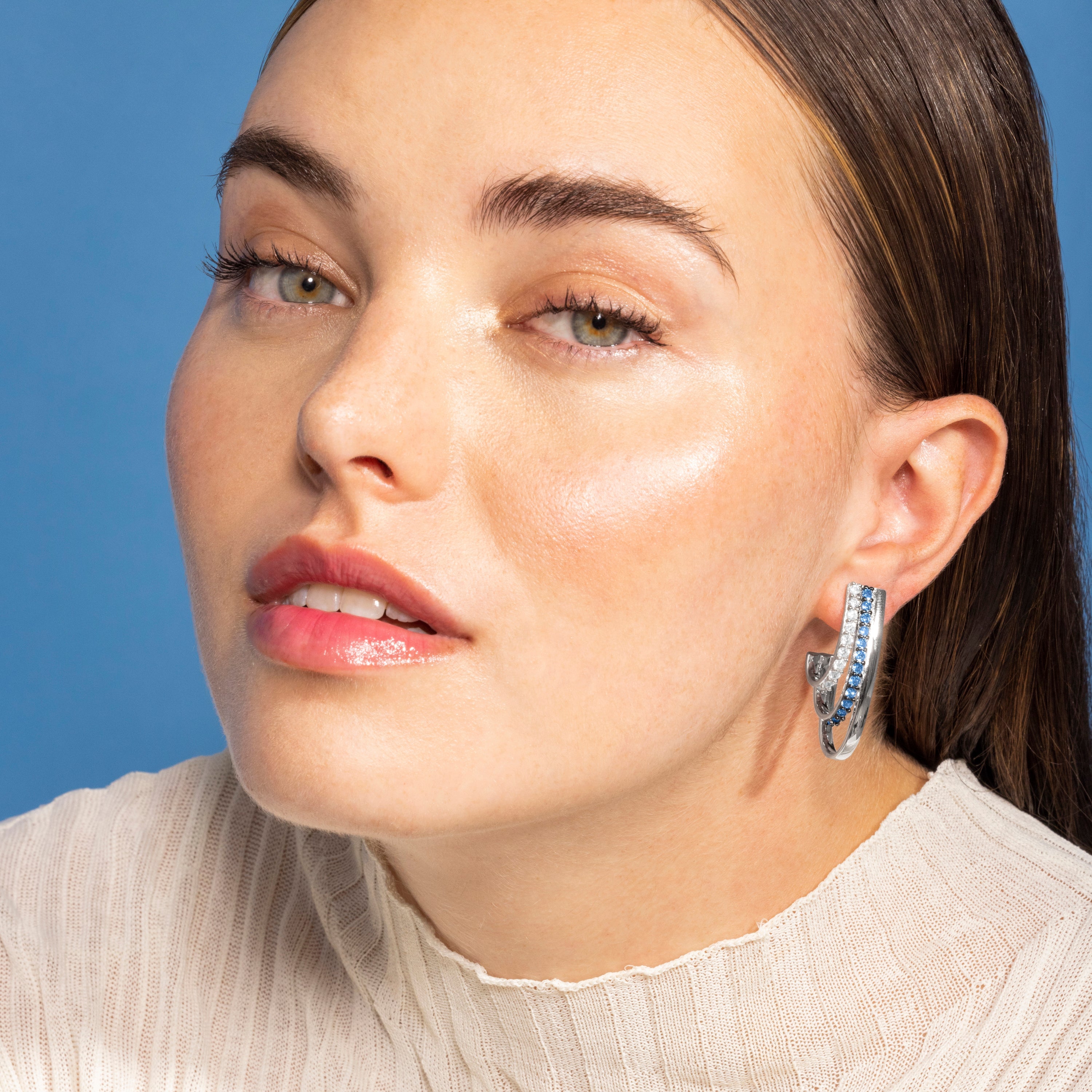 925 Sterling Silver Earrings with Aquamarine Zirconia finished in Rhodium - Ferdas