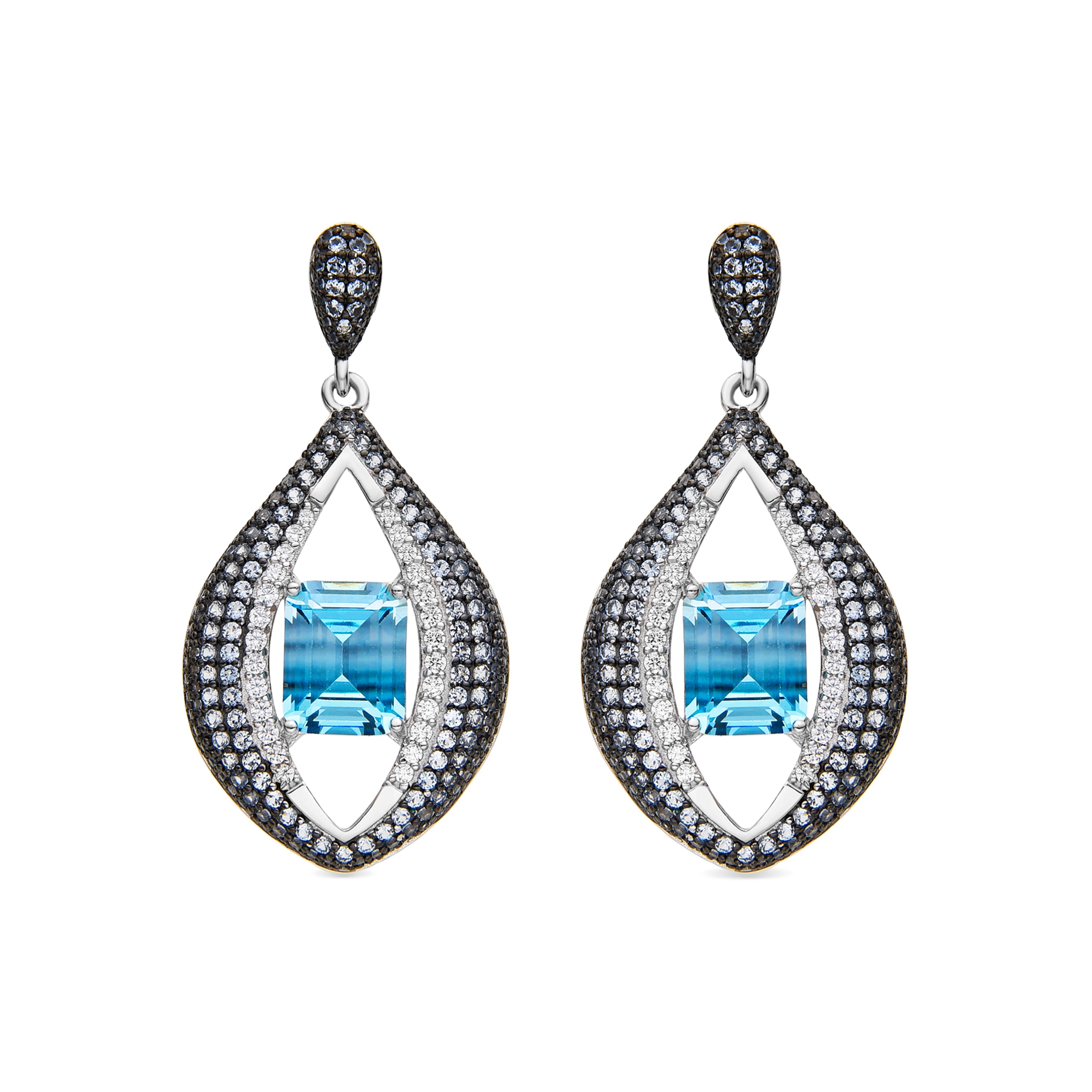 925 Sterling Silver Earrings with Aquamarine Cubic Zirconia Rhodium Finish - Nyasain
