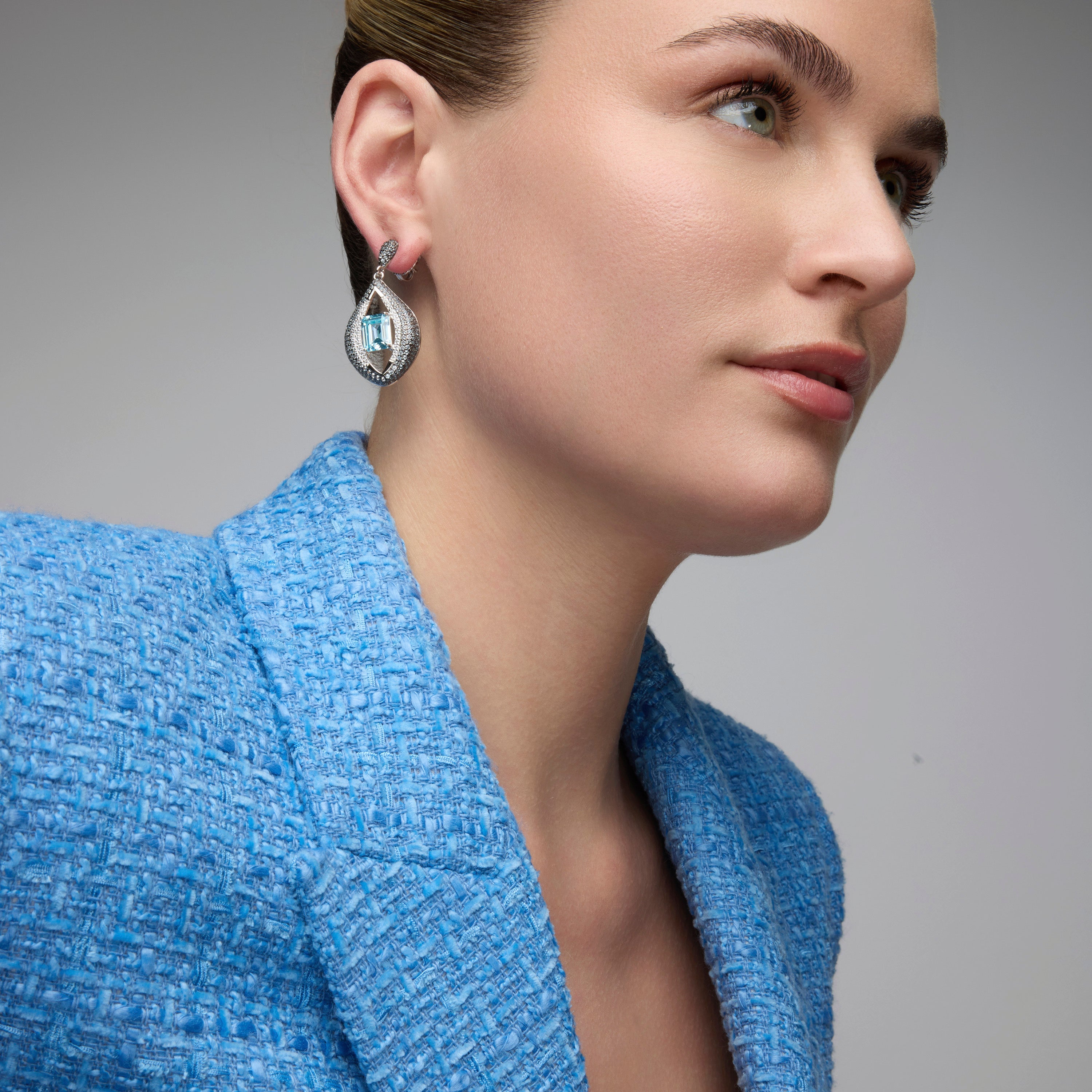 925 Sterling Silver Earrings with Aquamarine Cubic Zirconia Rhodium Finish - Nyasain