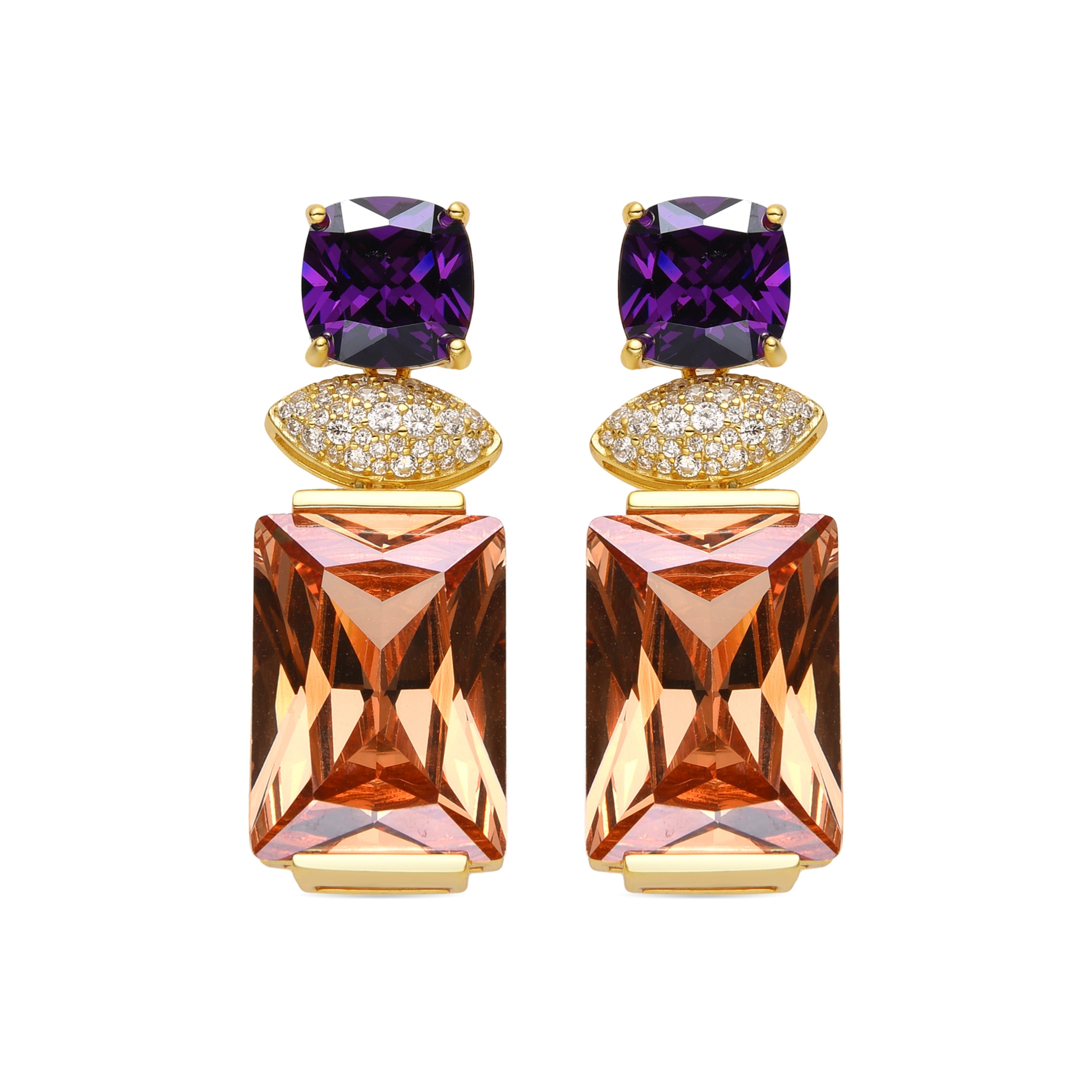 925 Sterling Silver Earrings with Champagne Zirconia, 18k Gold Finish - Khay
