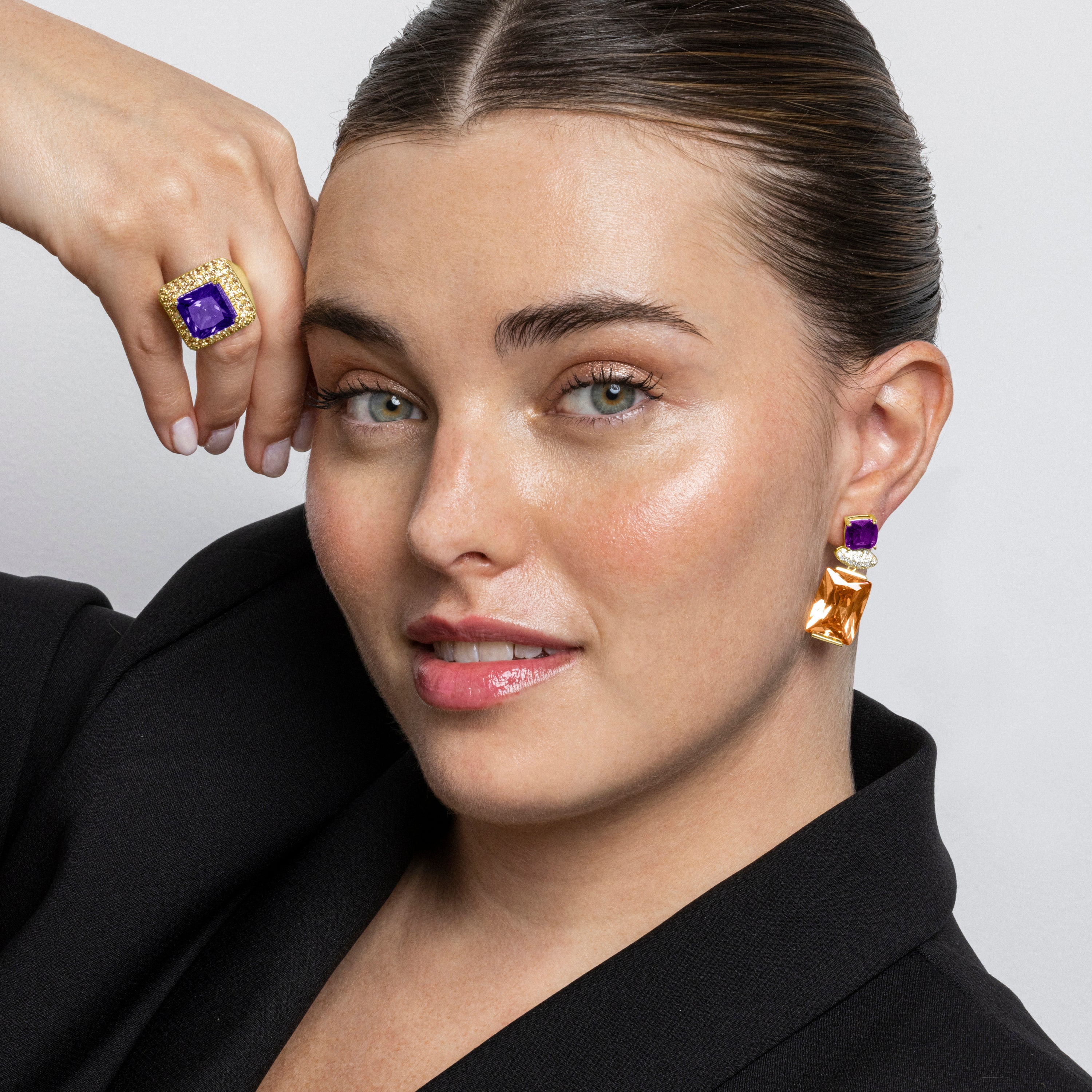 925 Sterling Silver Earrings with Champagne Zirconia, 18k Gold Finish - Khay