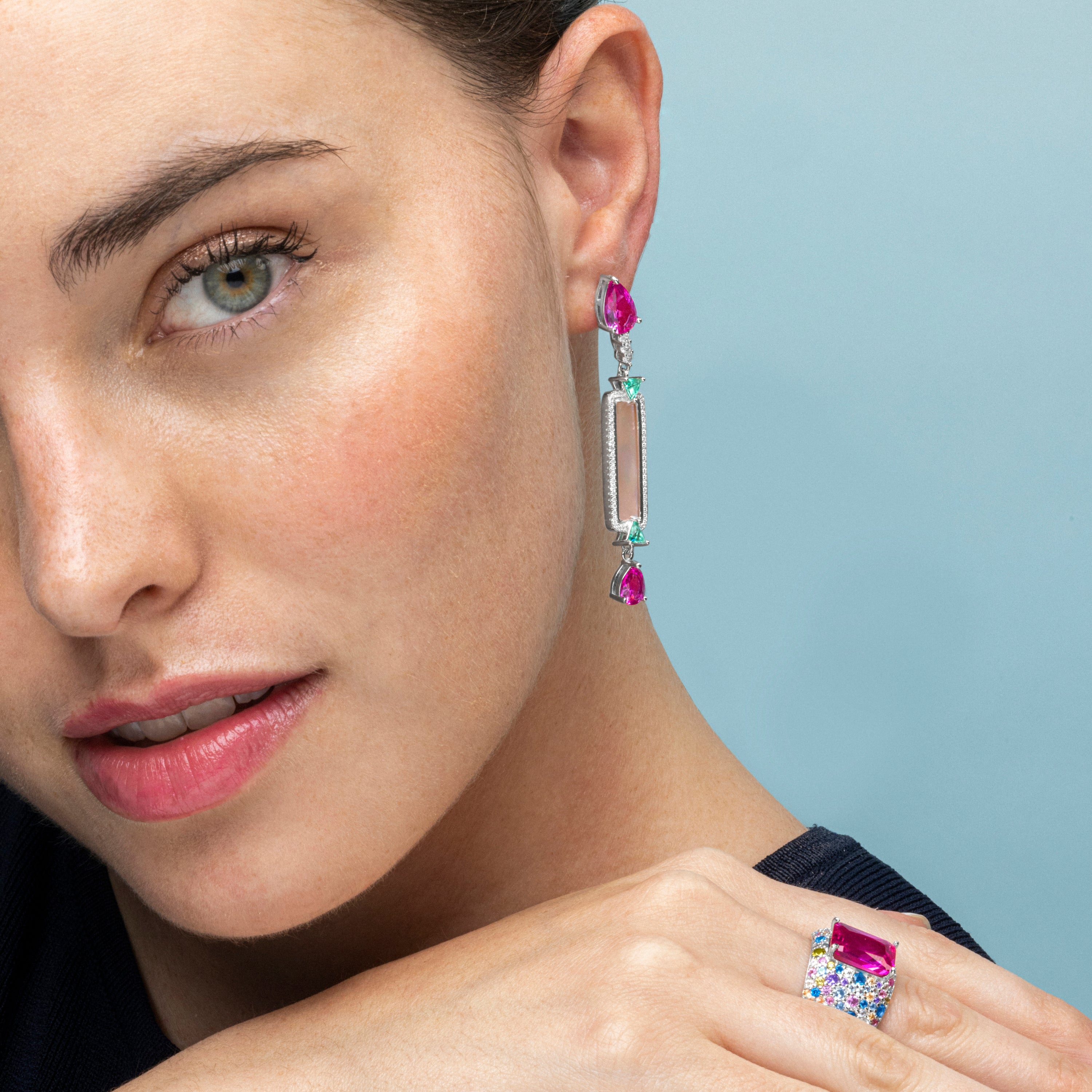 925 Sterling Silver Earrings with Pink Zirconia finished in Rhodium - Lixo