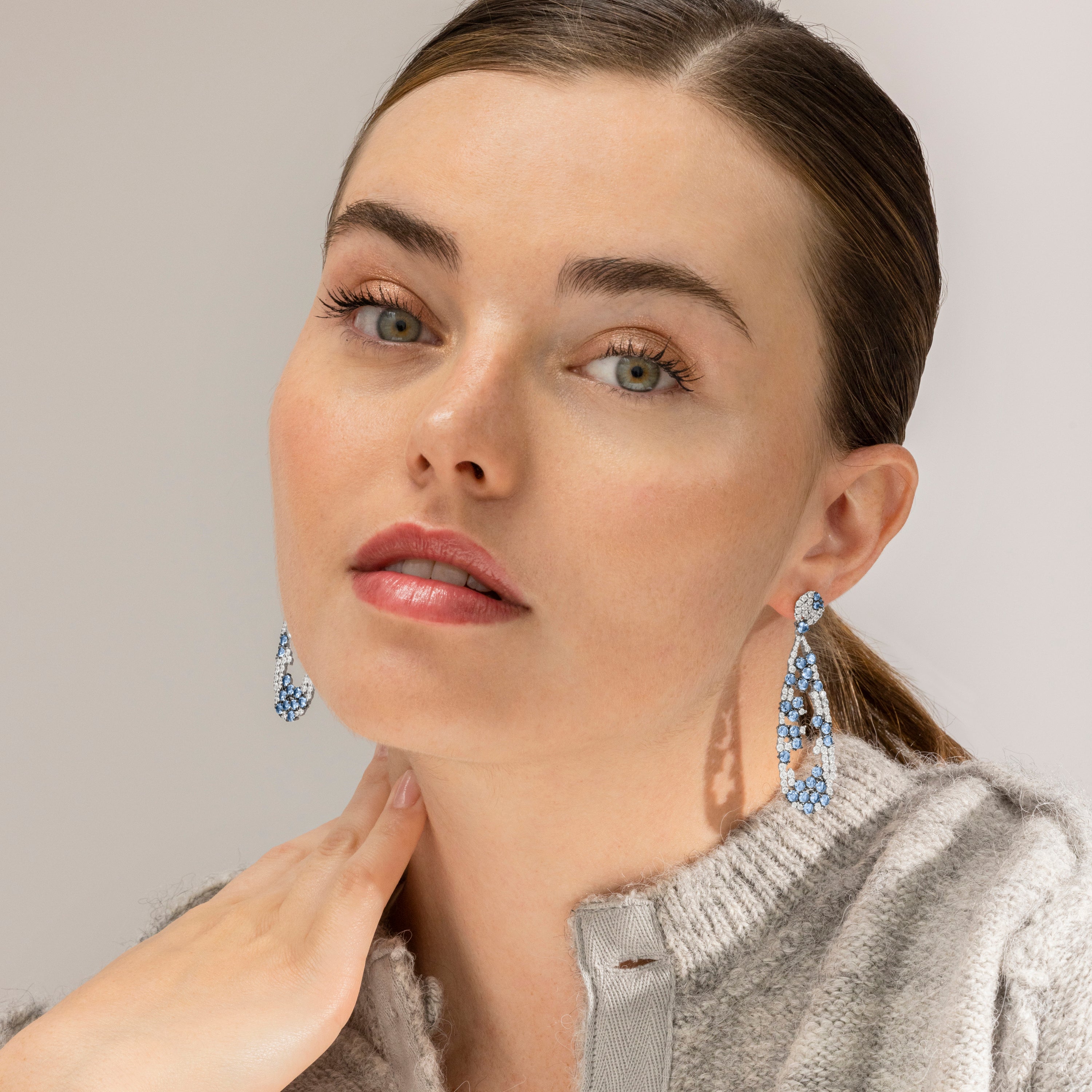 925 Sterling Silver Earrings with Aquamarine Zirconia finished in Rhodium - Deunix