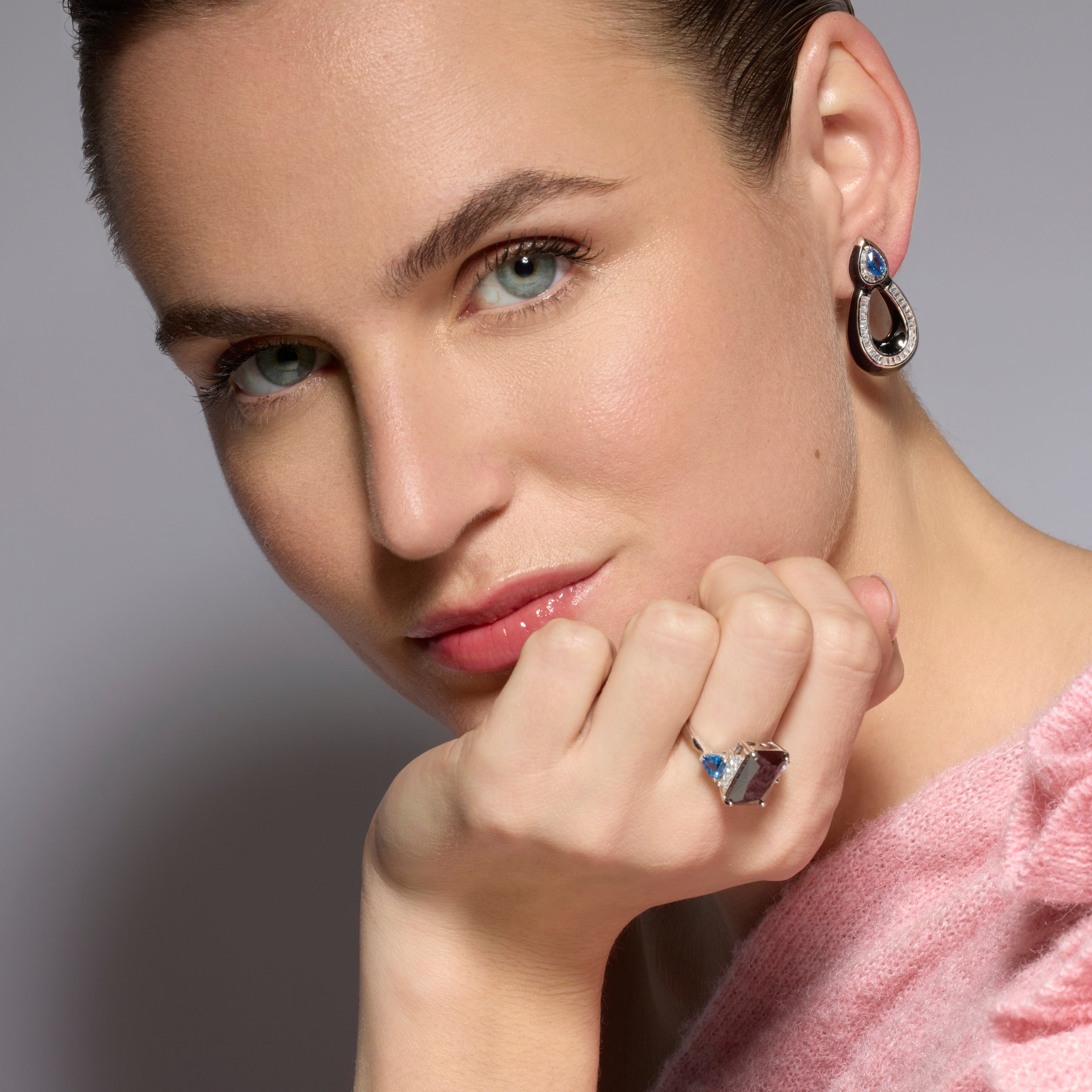 925 Sterling Silver Earrings with Blue Topaz Zirconia Rhodium Finish - Alneth