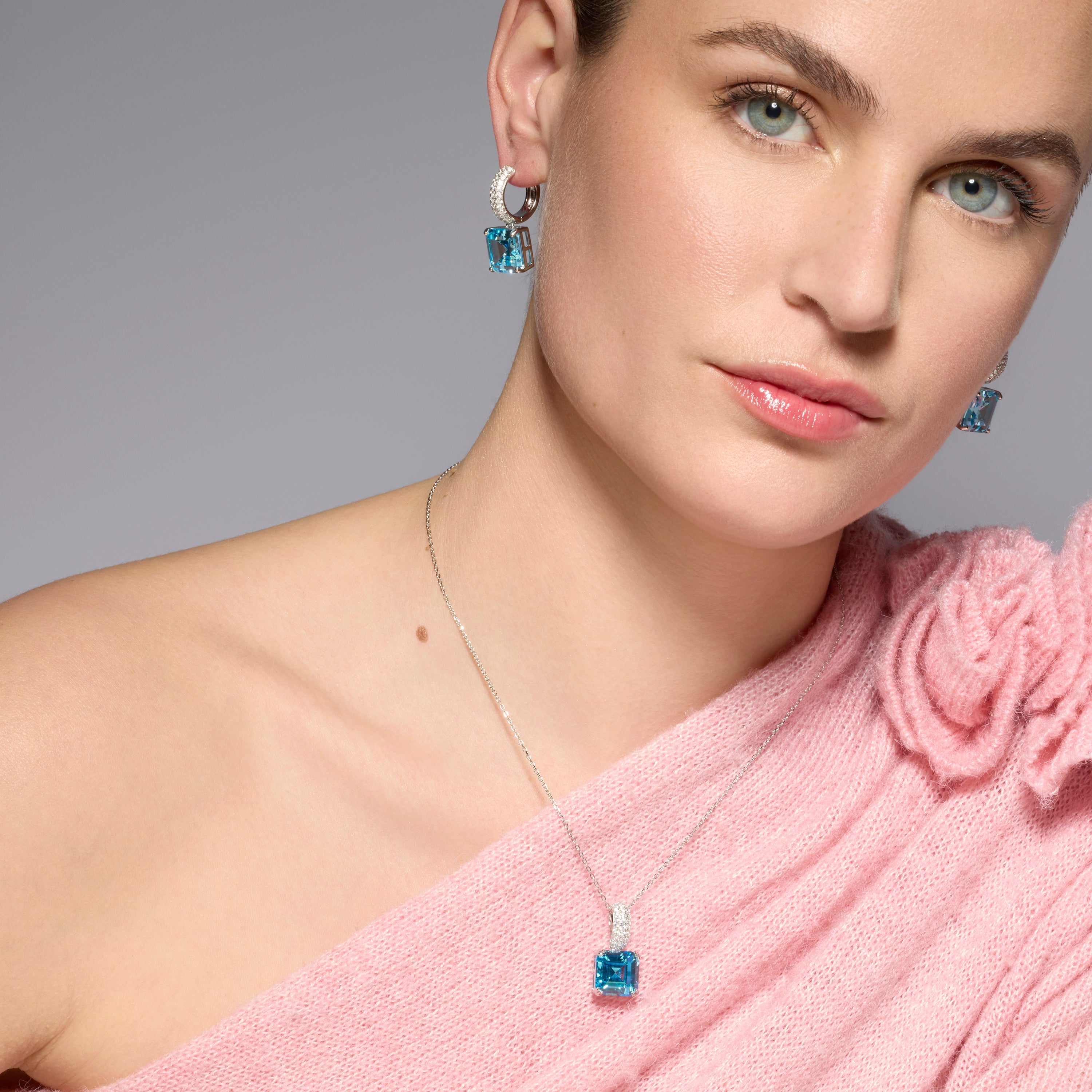 925 Sterling Silver Earrings with Aquamarine Zirconia, Rhodium Finish - Balcay