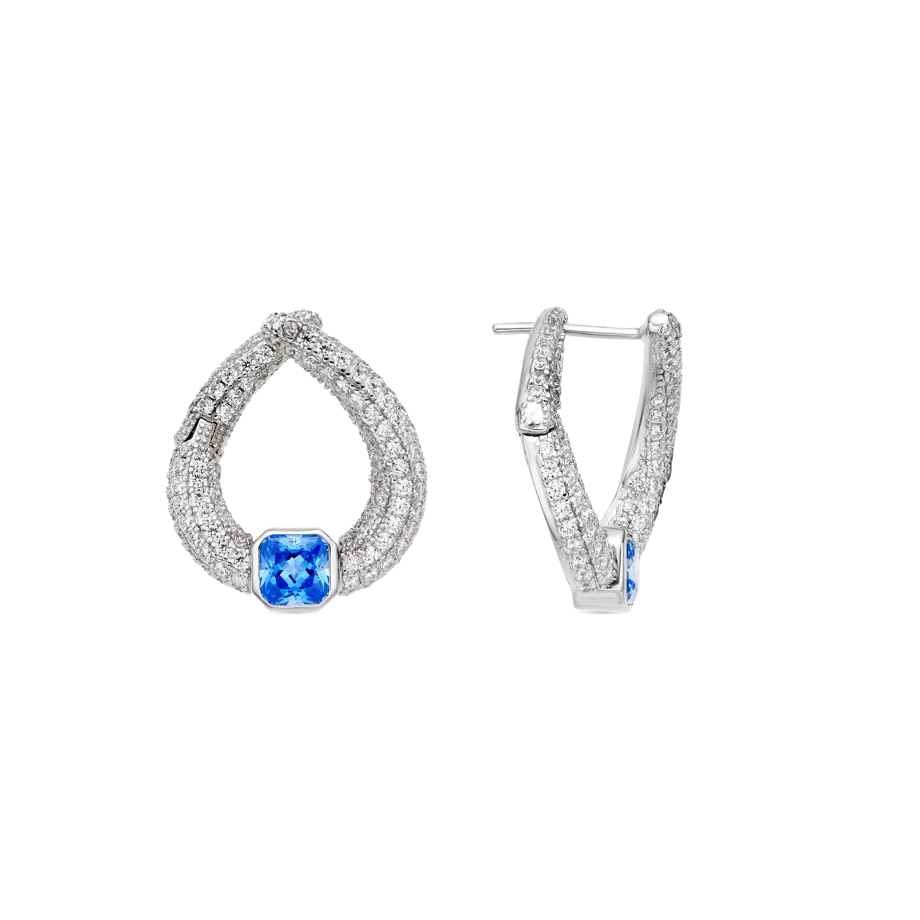 925 Sterling Silver Earrings with Aquamarine Zirconia, Rhodium Finish - Uzi