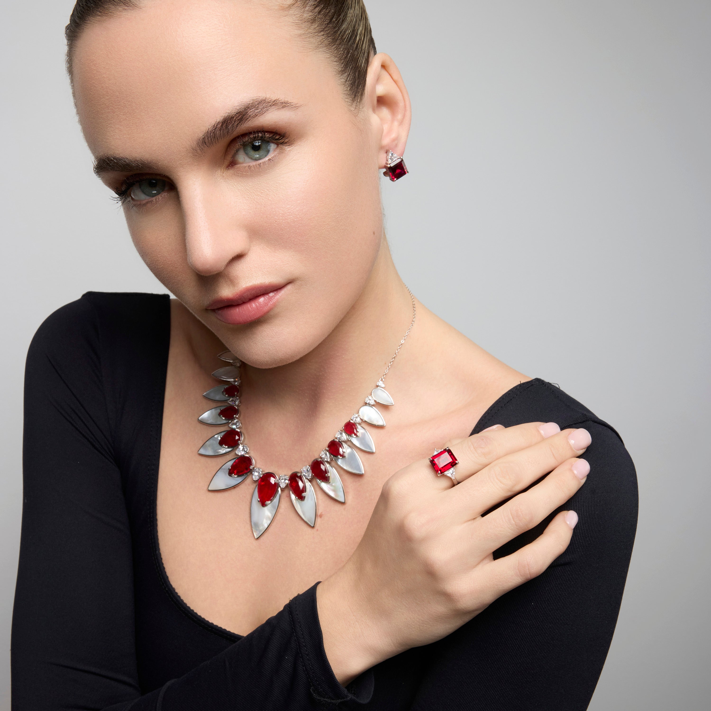 925 Sterling Silver Earrings with Ruby Zirconia Rhodium Finish - Rukna