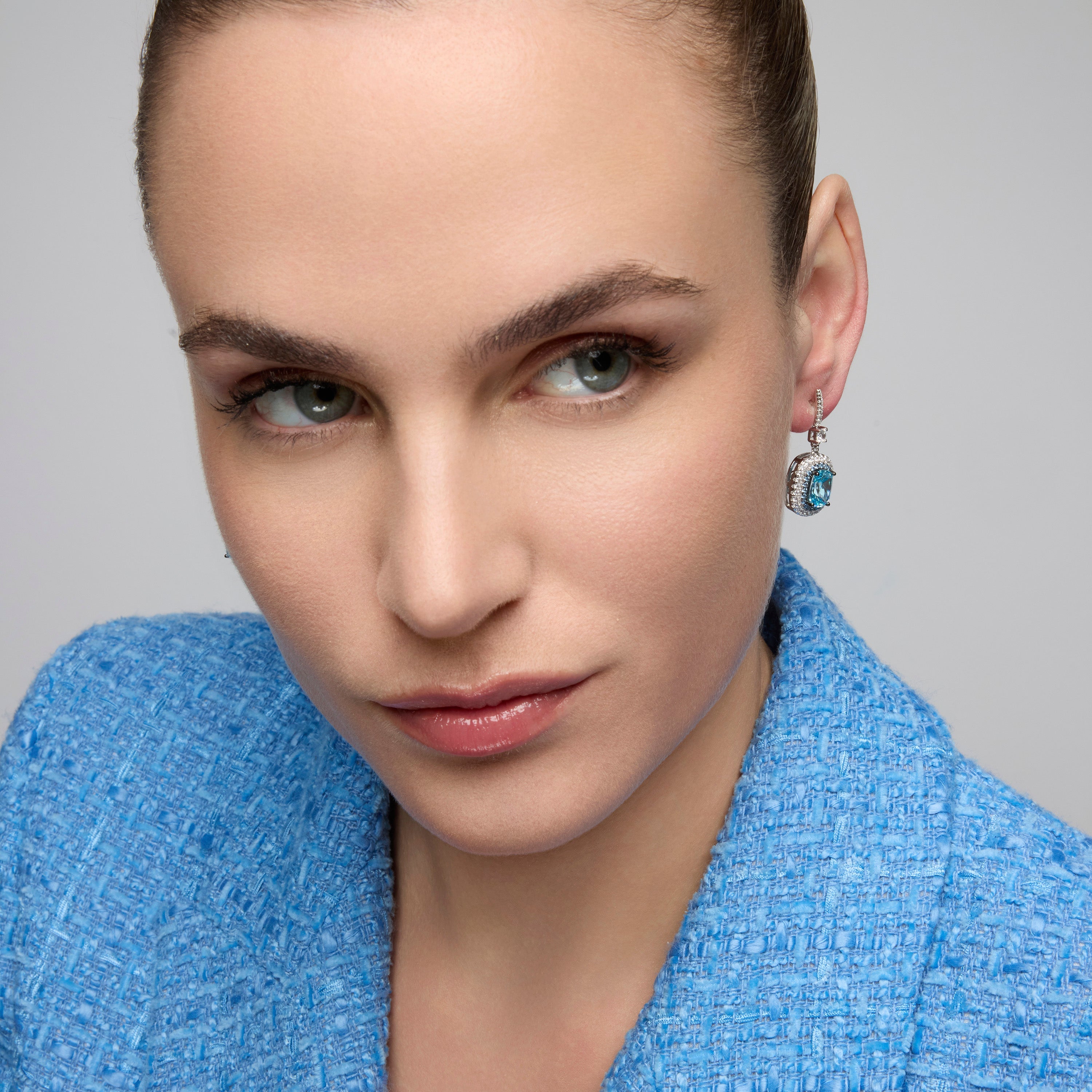 925 Sterling Silver Earrings with Aquamarine Zirconia, Rhodium Finish - Liwi
