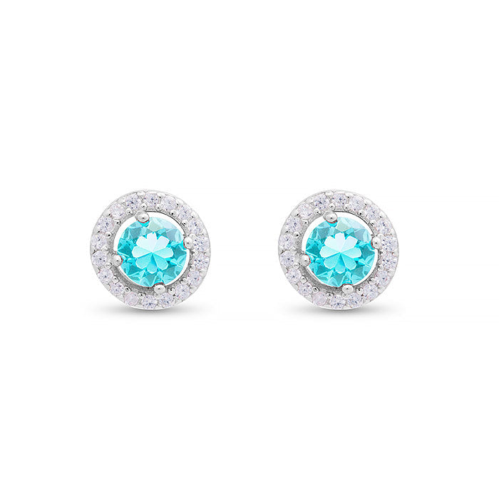 Boucles d'oreilles en argent sterling 925 avec zirconium aquamarine finies en rhodium - Gemme de Légende