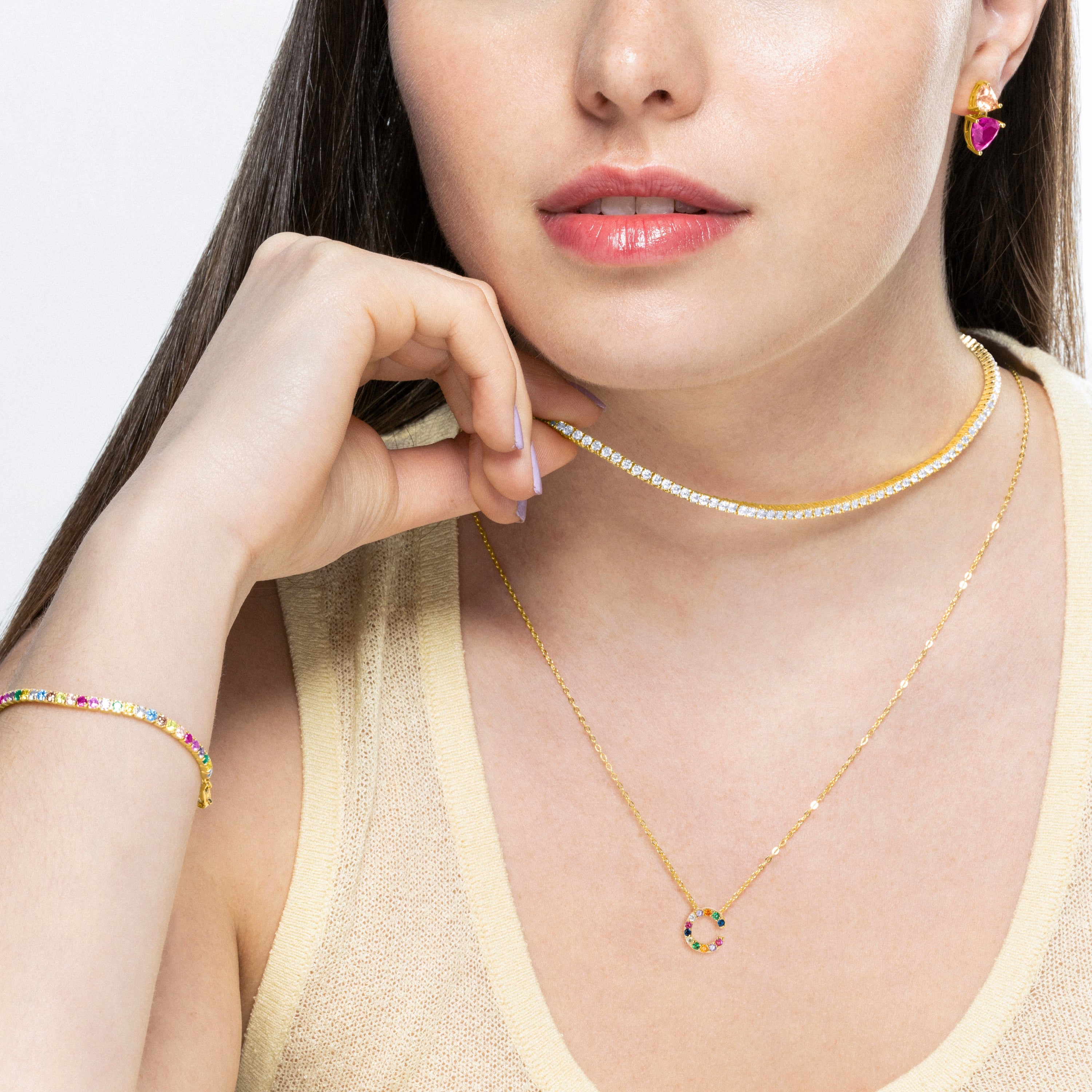 Collar de Plata de Ley 925 con Circonita Multicolor acabado en oro amarillo 18K - Alphabet