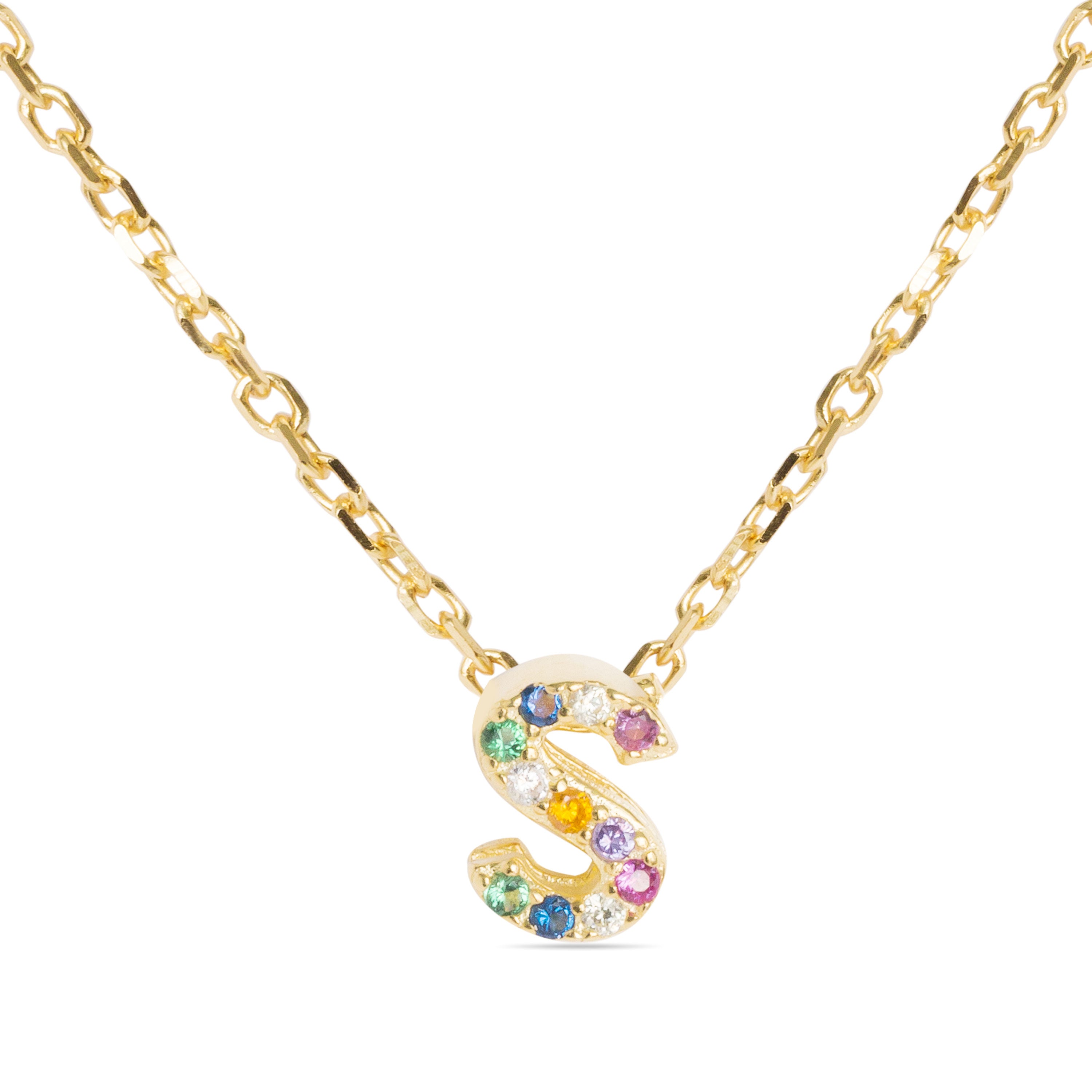 Collar de Plata de Ley 925 con Circonita Multicolor acabado en oro amarillo 18K - Alphabet