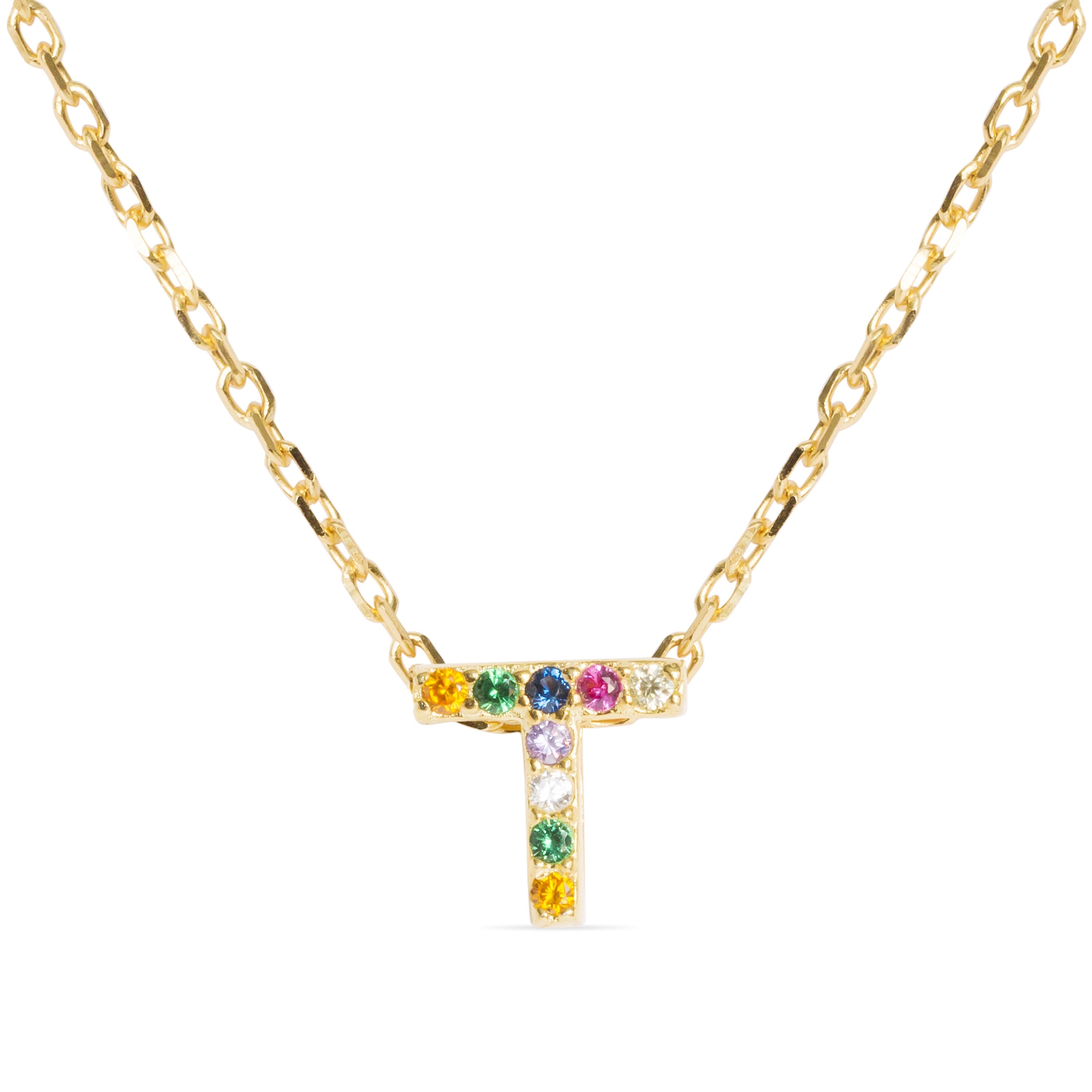 Collar de Plata de Ley 925 con Circonita Multicolor acabado en oro amarillo 18K - Alphabet