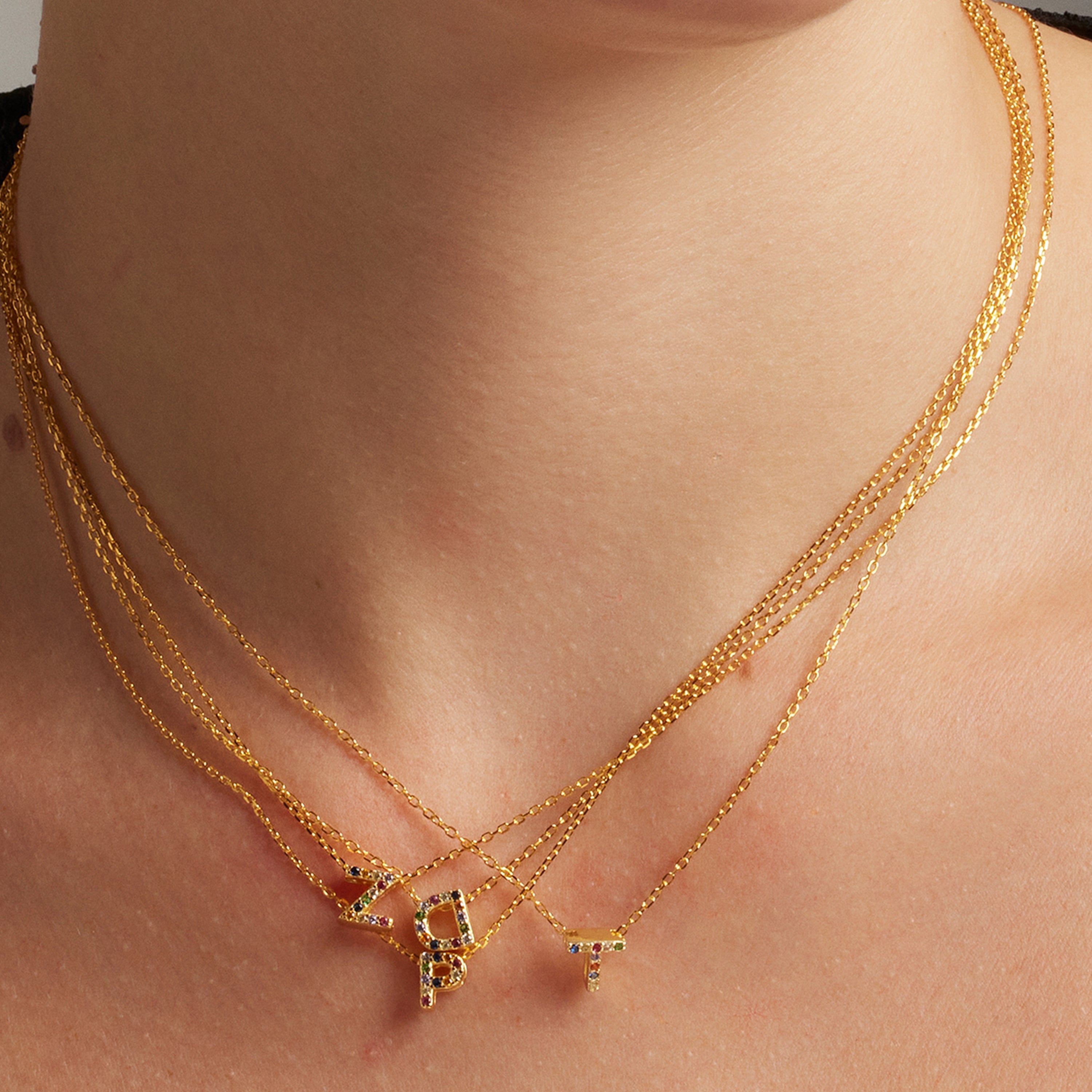 Collar de Plata de Ley 925 con Circonita Multicolor acabado en oro amarillo 18K - Alphabet