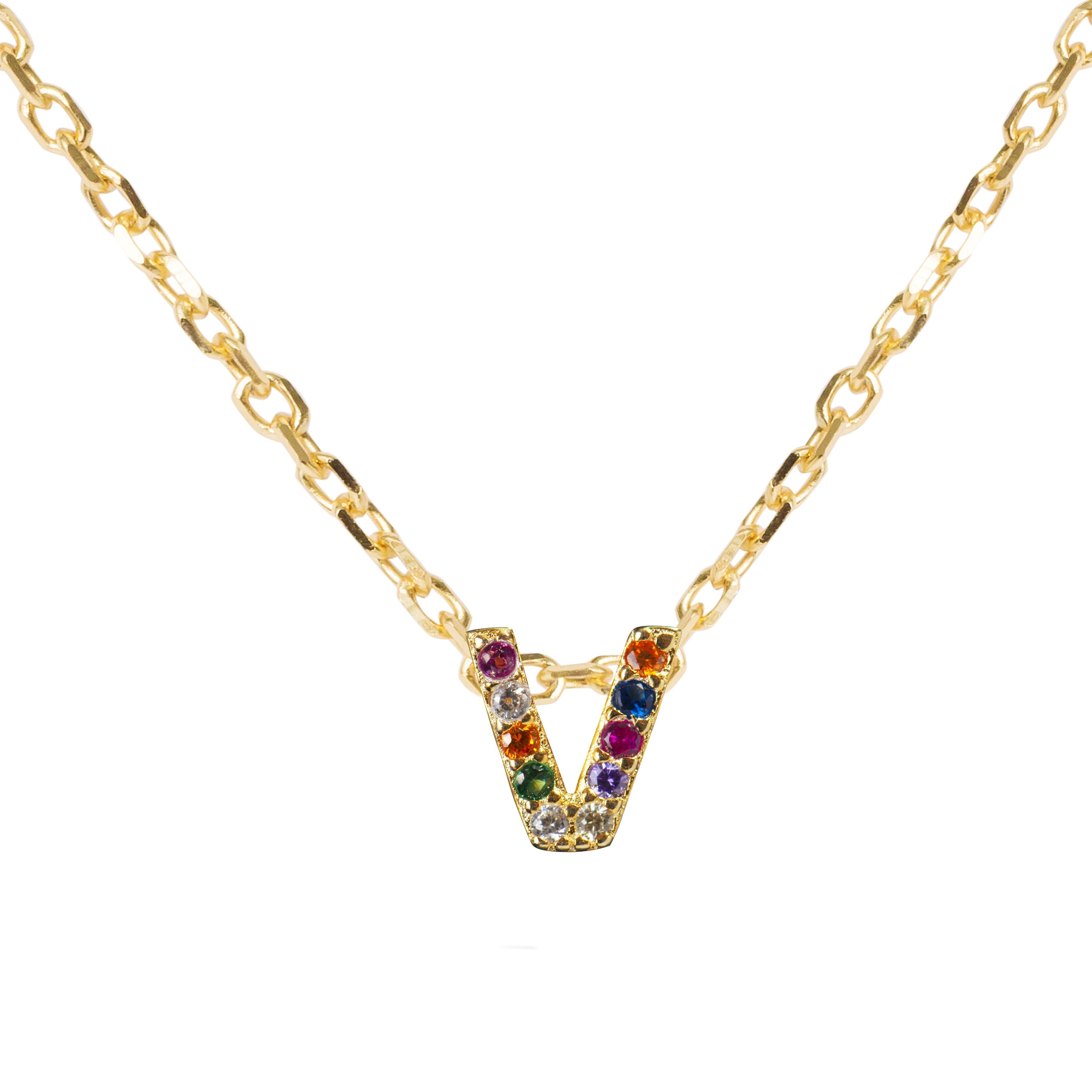 Collar de Plata de Ley 925 con Circonita Multicolor acabado en oro amarillo 18K - Alphabet