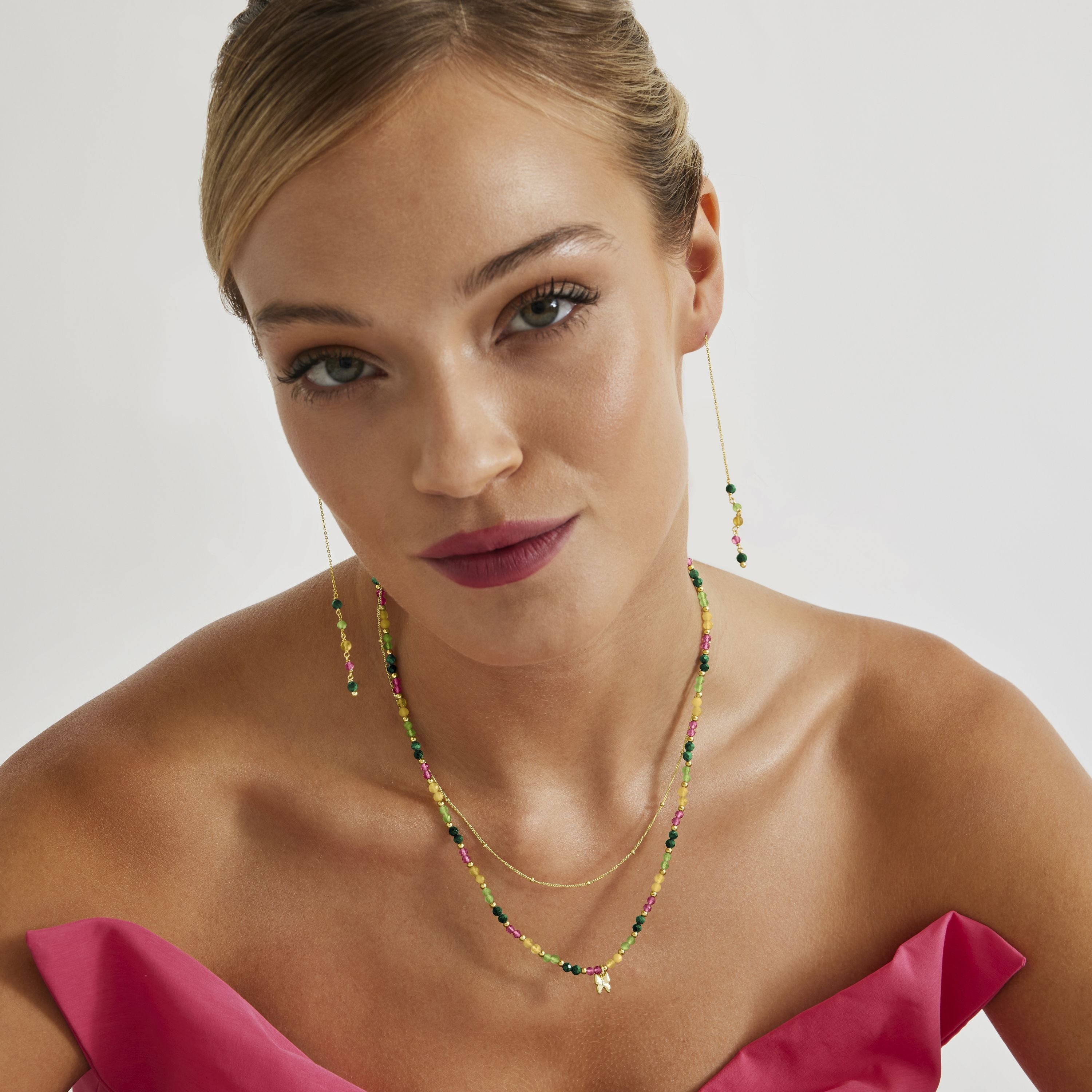 Collar de Plata de Ley 925 con Cristal Verde acabado en oro amarillo 18K - Mariposa