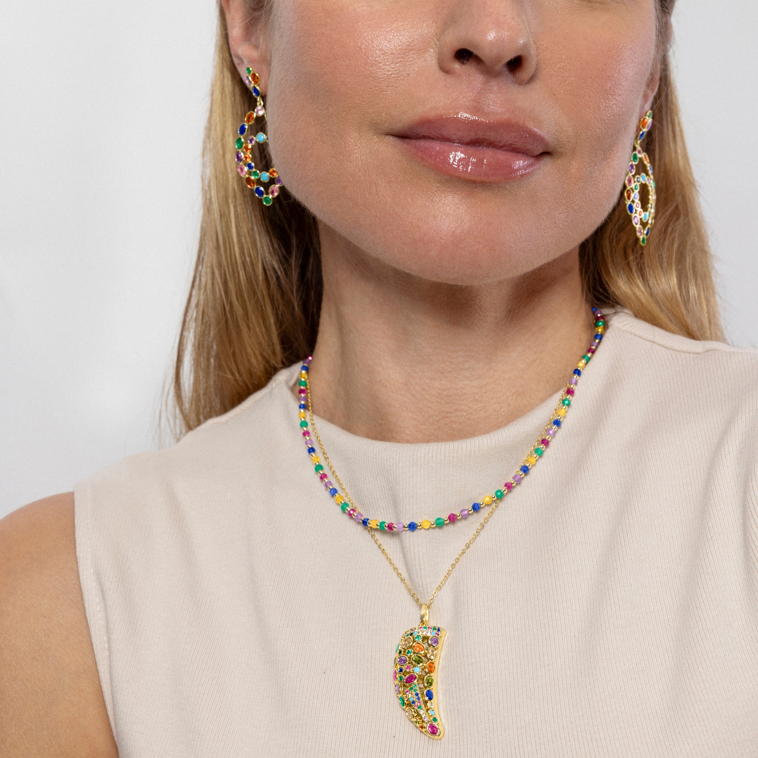 Collar de Plata de Ley 925 y Cristal Multicolor acabado en oro amarillo 18K - Shedi