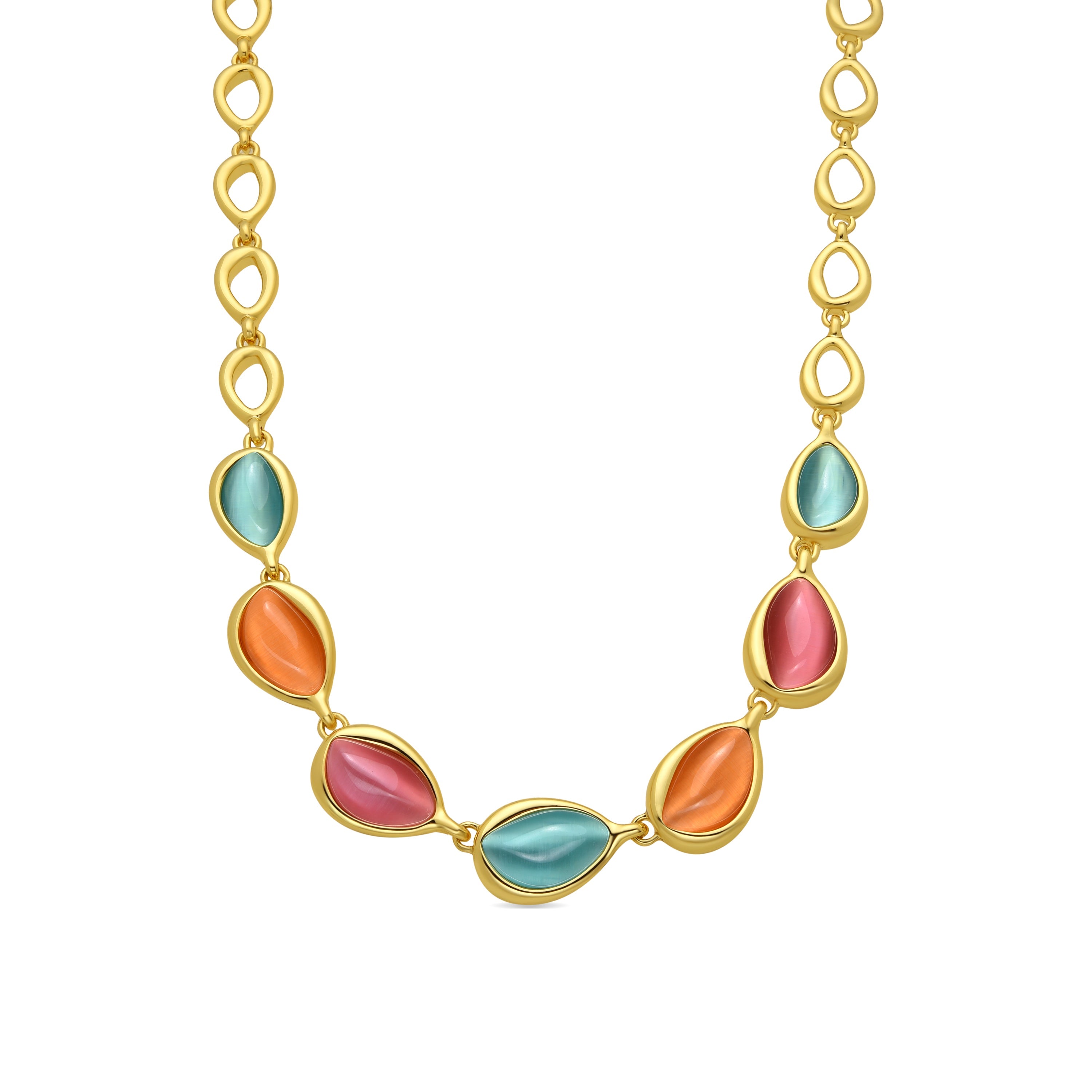 18k Yellow Gold Finished Necklace with Multicolor Cat's Eye - Dulfo