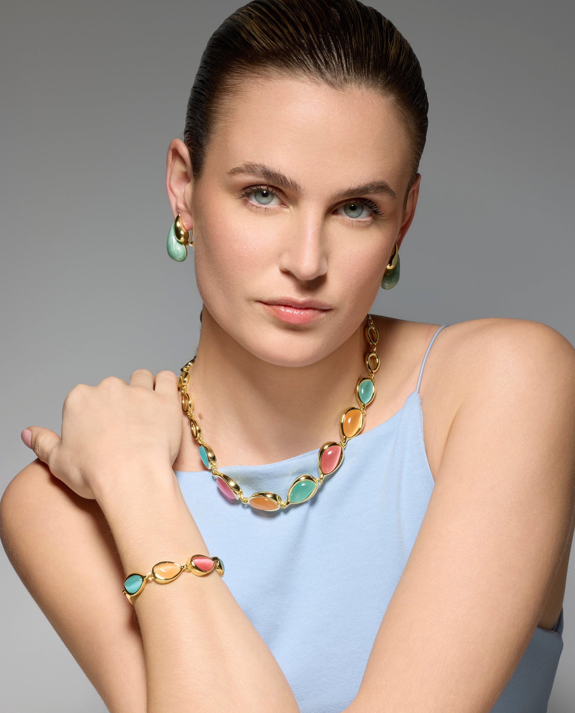 18k Yellow Gold Finished Necklace with Multicolor Cat's Eye - Dulfo