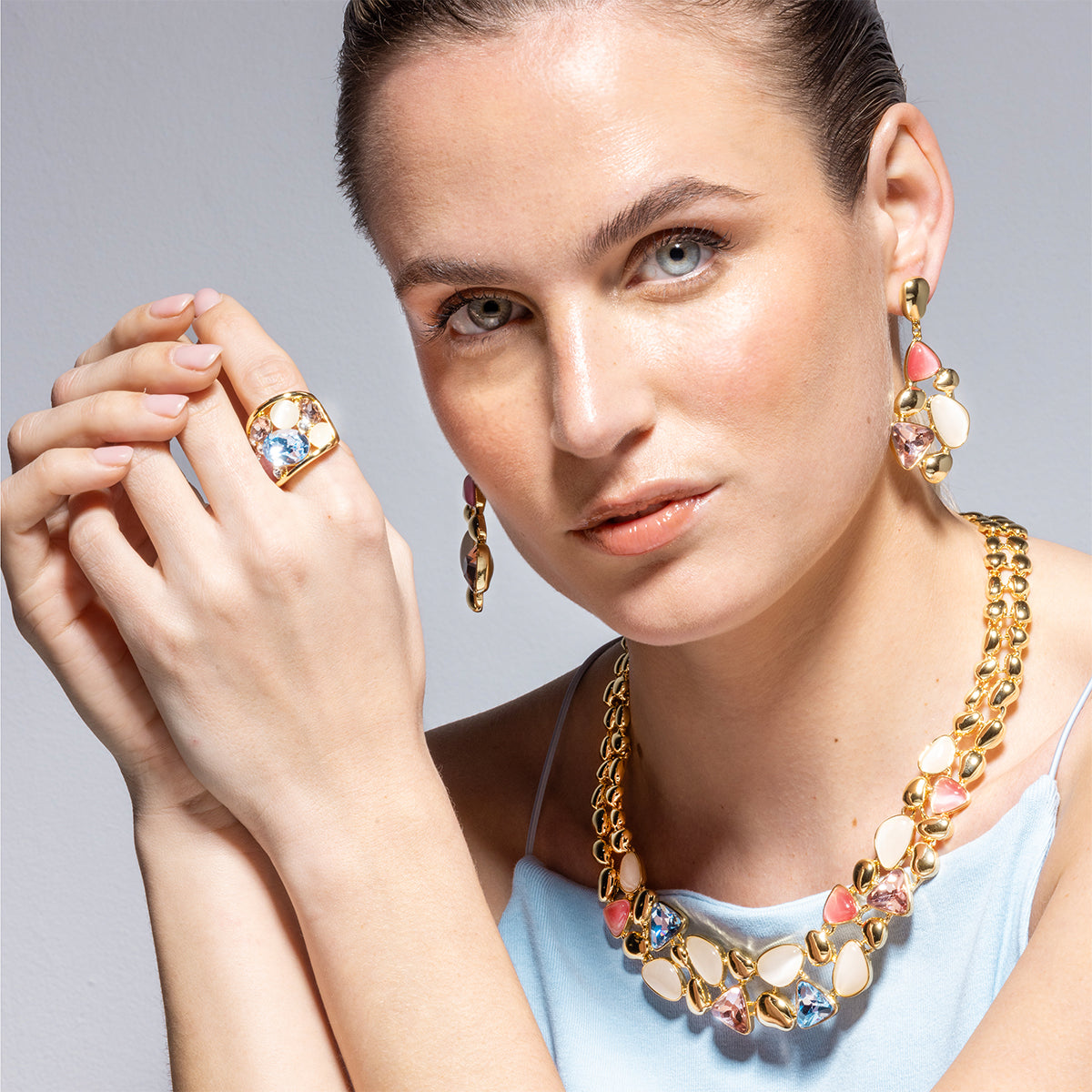 18k Yellow Gold Finished Necklace with Multicolor Crystal - Naxmo