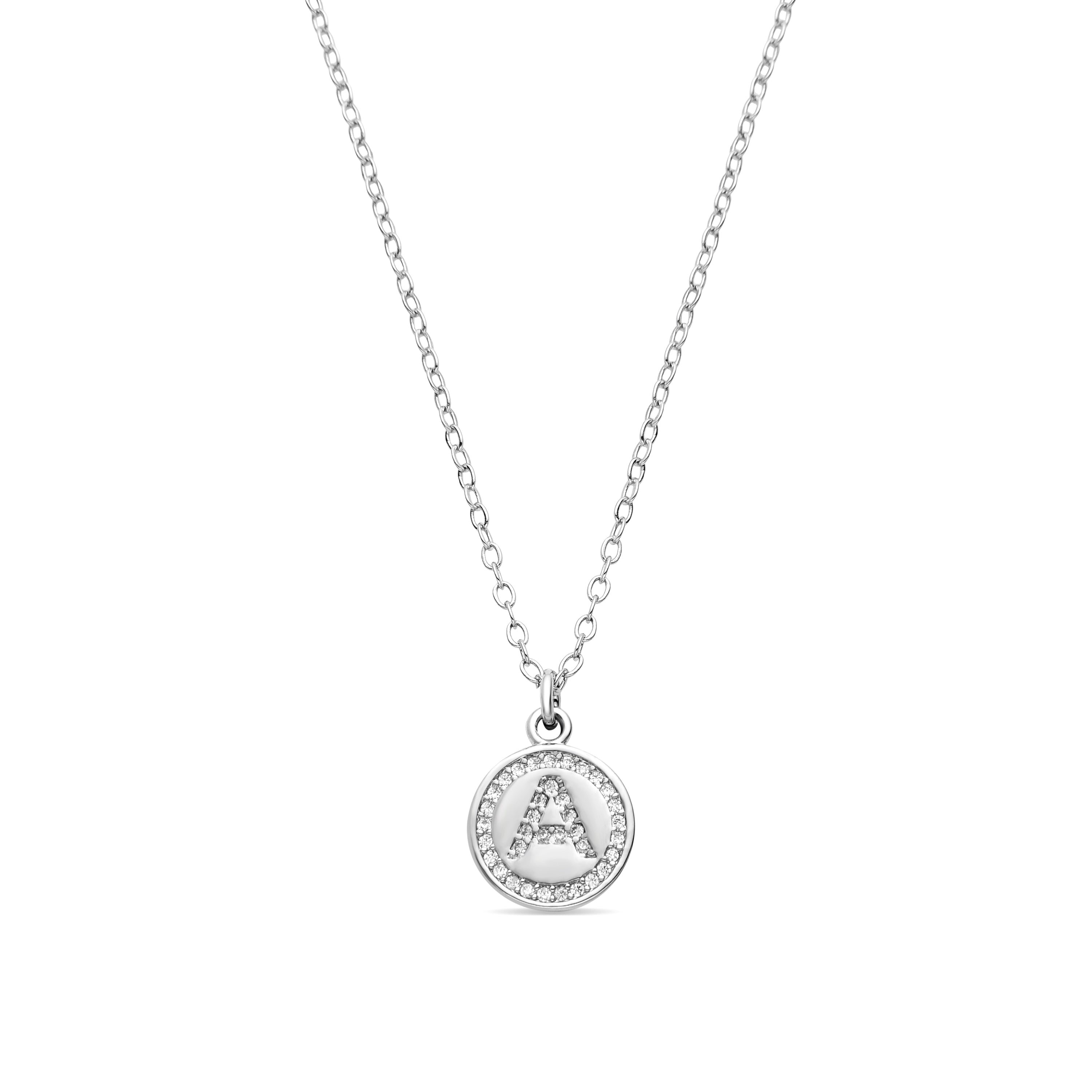Ketting van schitterende zirkonia afgewerkt in rhodium - Alphabet