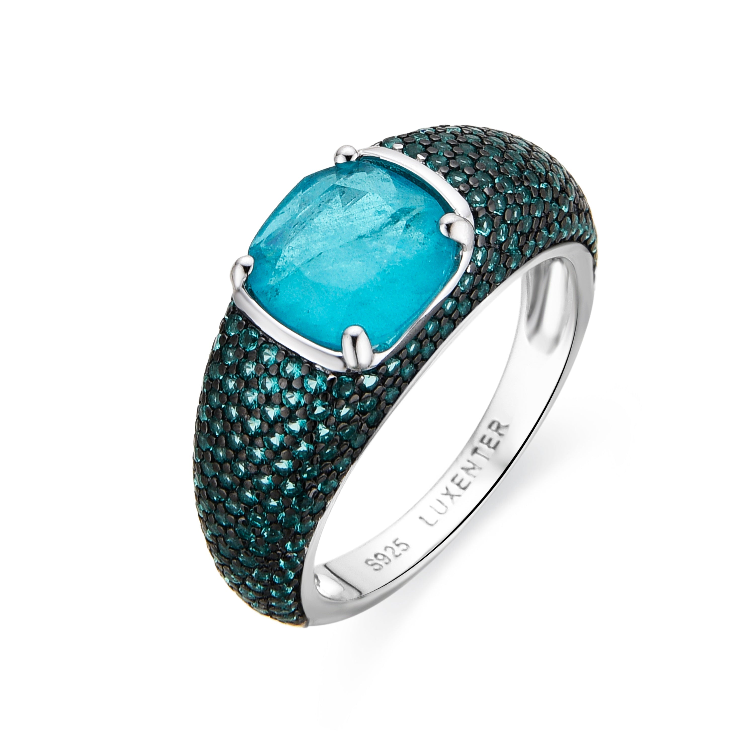 Anillo de Plata de Ley 925 y Cuarzo Hidrotermal Verde Paraiba acabado rodio - Lesli