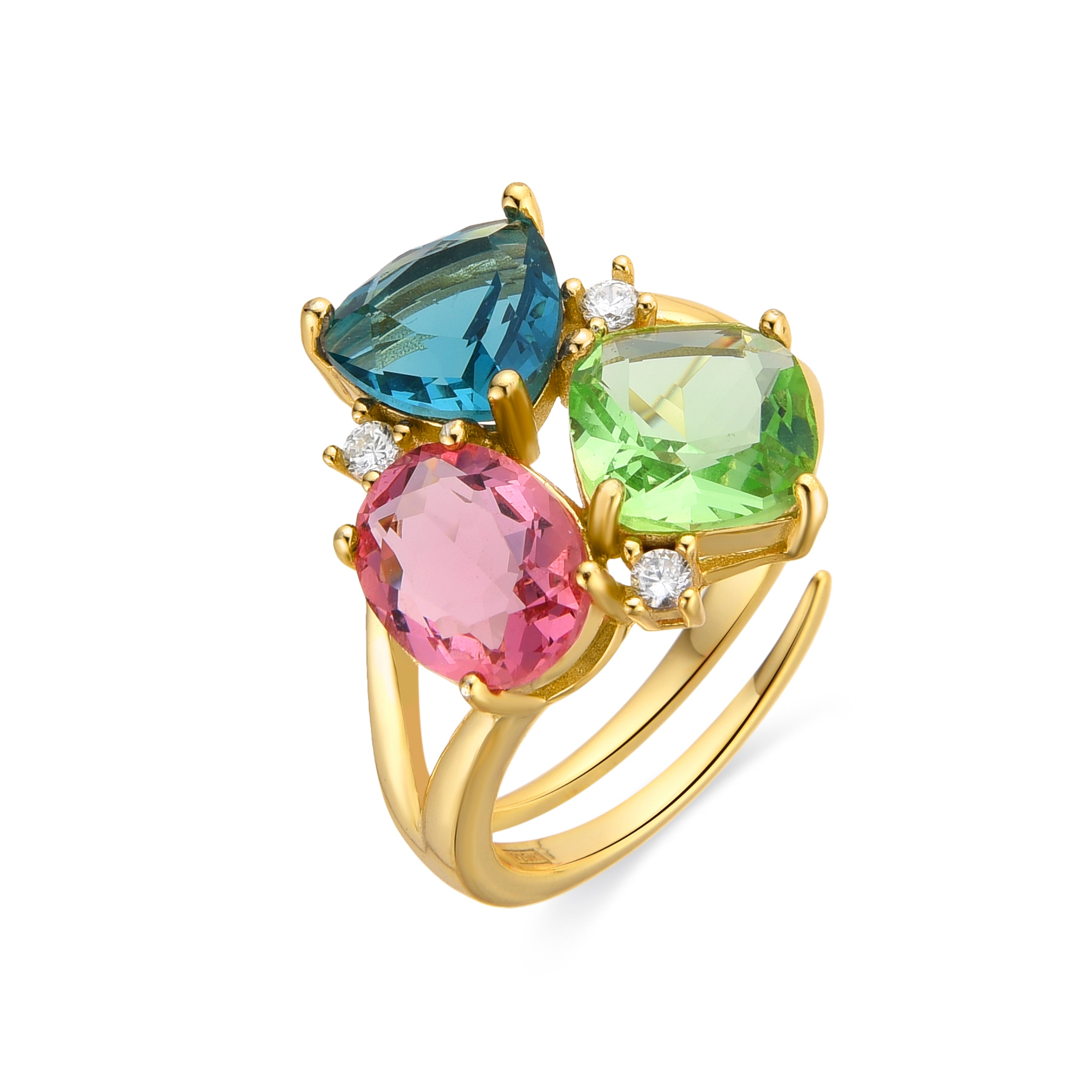 Anillo de Plata de Ley 925 y Cuarzo Hidrotermal Multicolor acabado oro amarillo de 18k - Damam