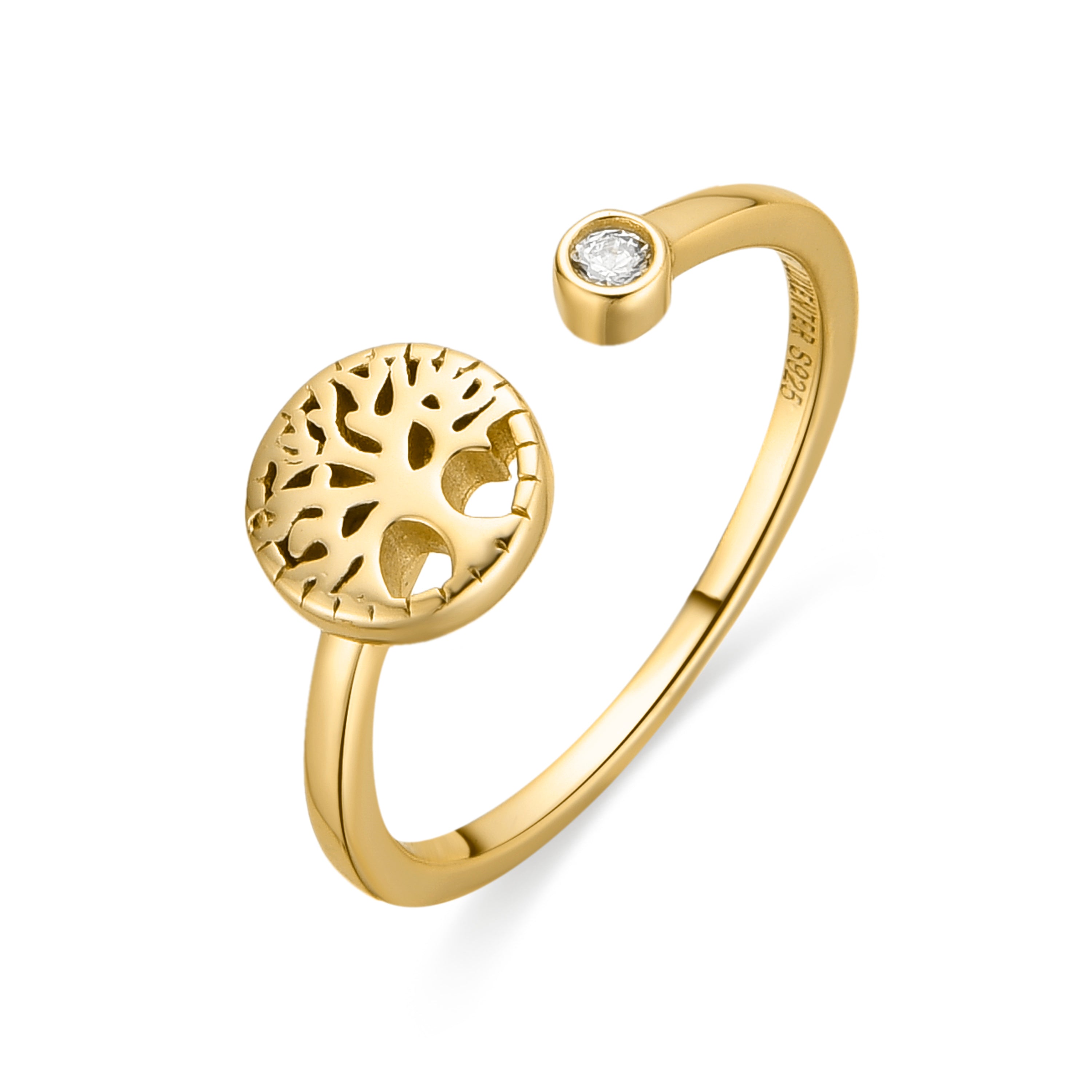 Anillo de Plata de Ley 925 y Circonita Brillante acabado oro amarillo de 18k - Arbol Vida