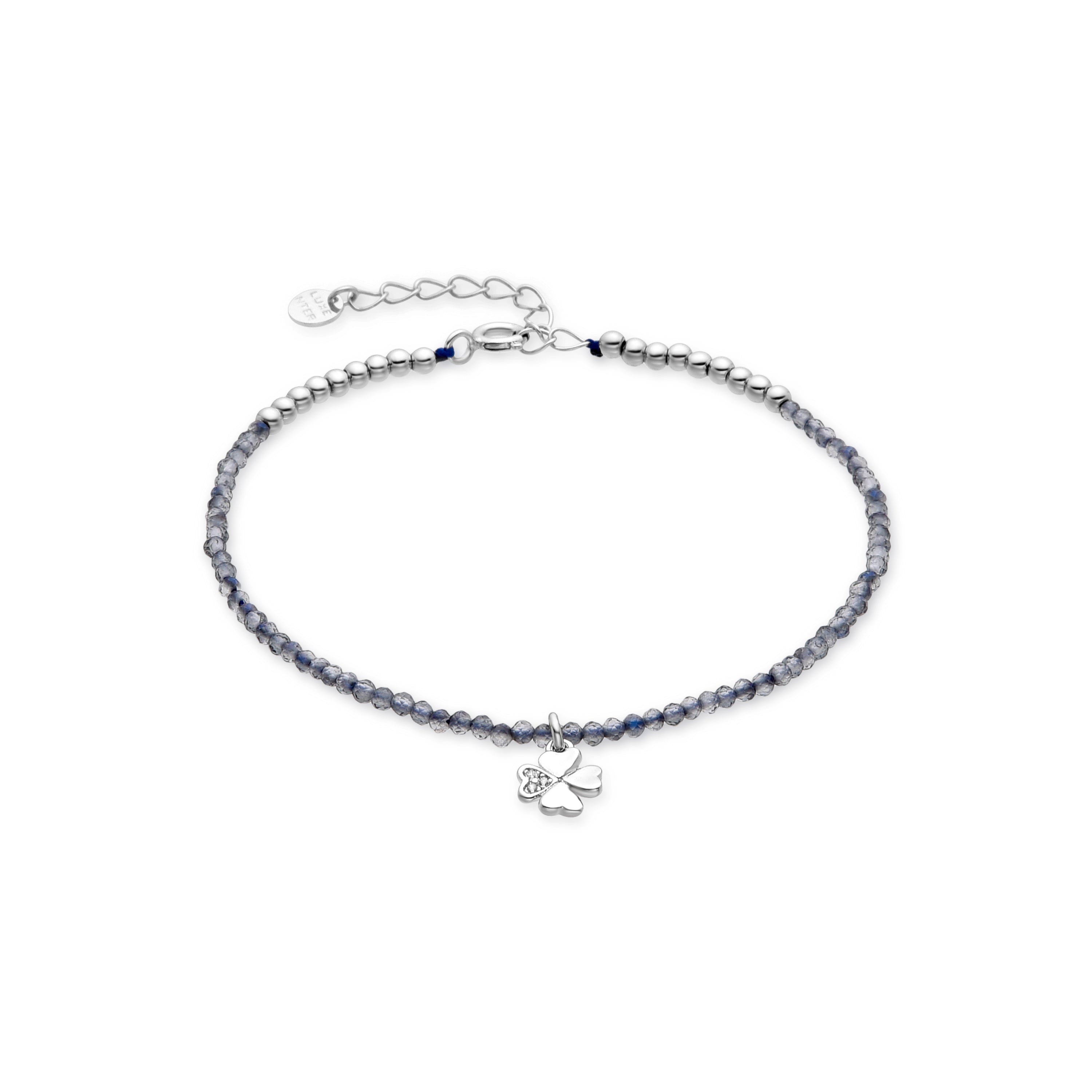 Pulsera de Plata de Ley 925 y Cristal Azul Oscuro acabada en rodio - Trebol