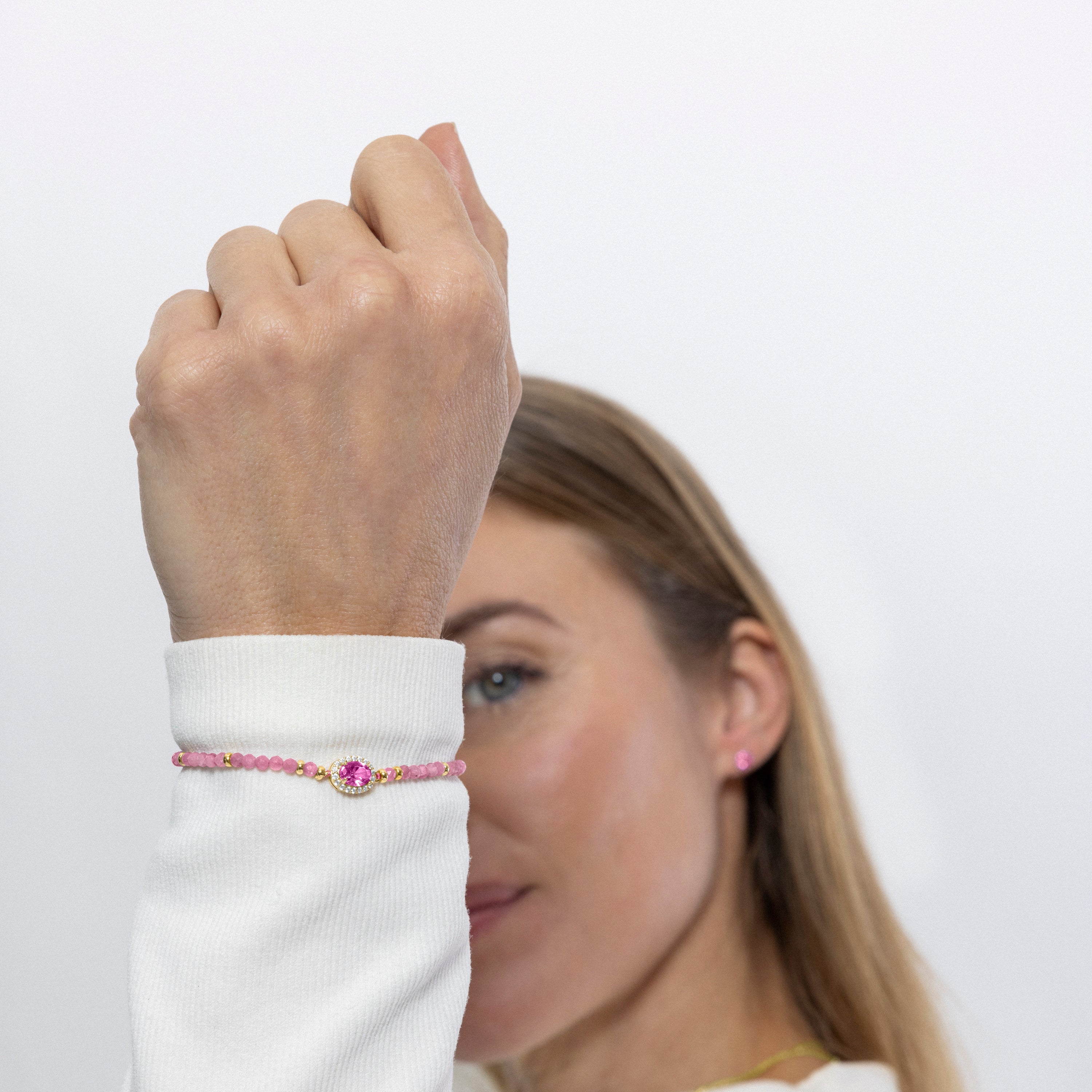 Pulsera de Plata de Ley 925 y Circonita Rosa acabada en oro amarillo de 18k - Nazki