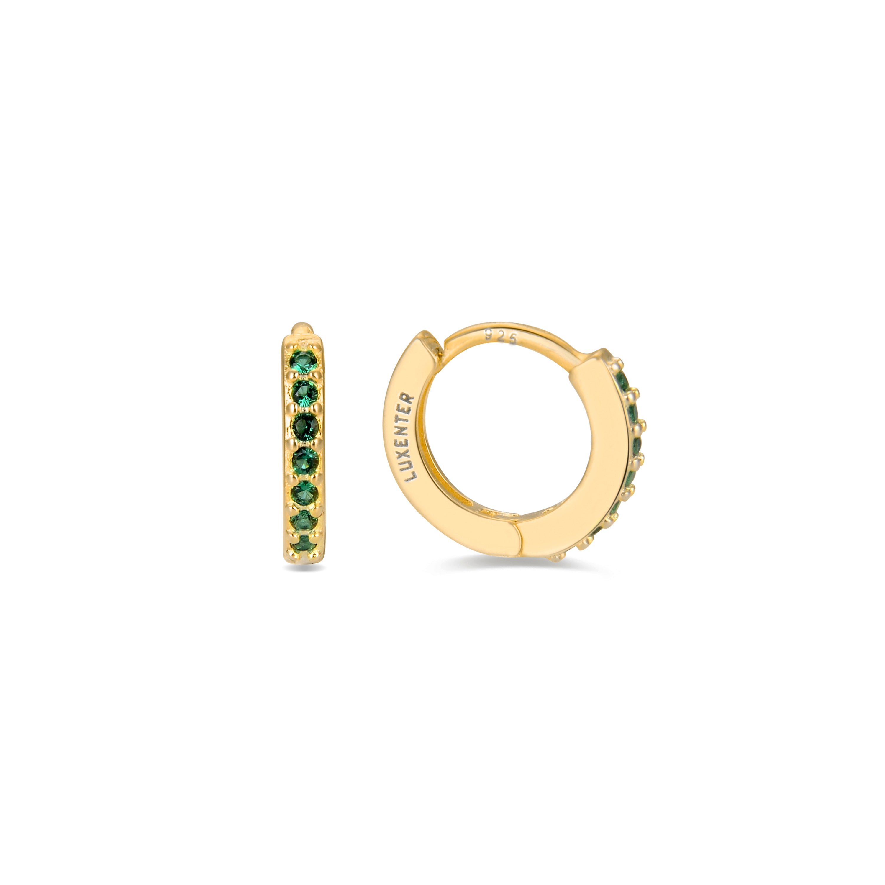 Pendientes de 7mm de diámetro de Plata de Ley 925 con Circonita Esmeralda acabados en oro amarillo de 18K - Leofcar