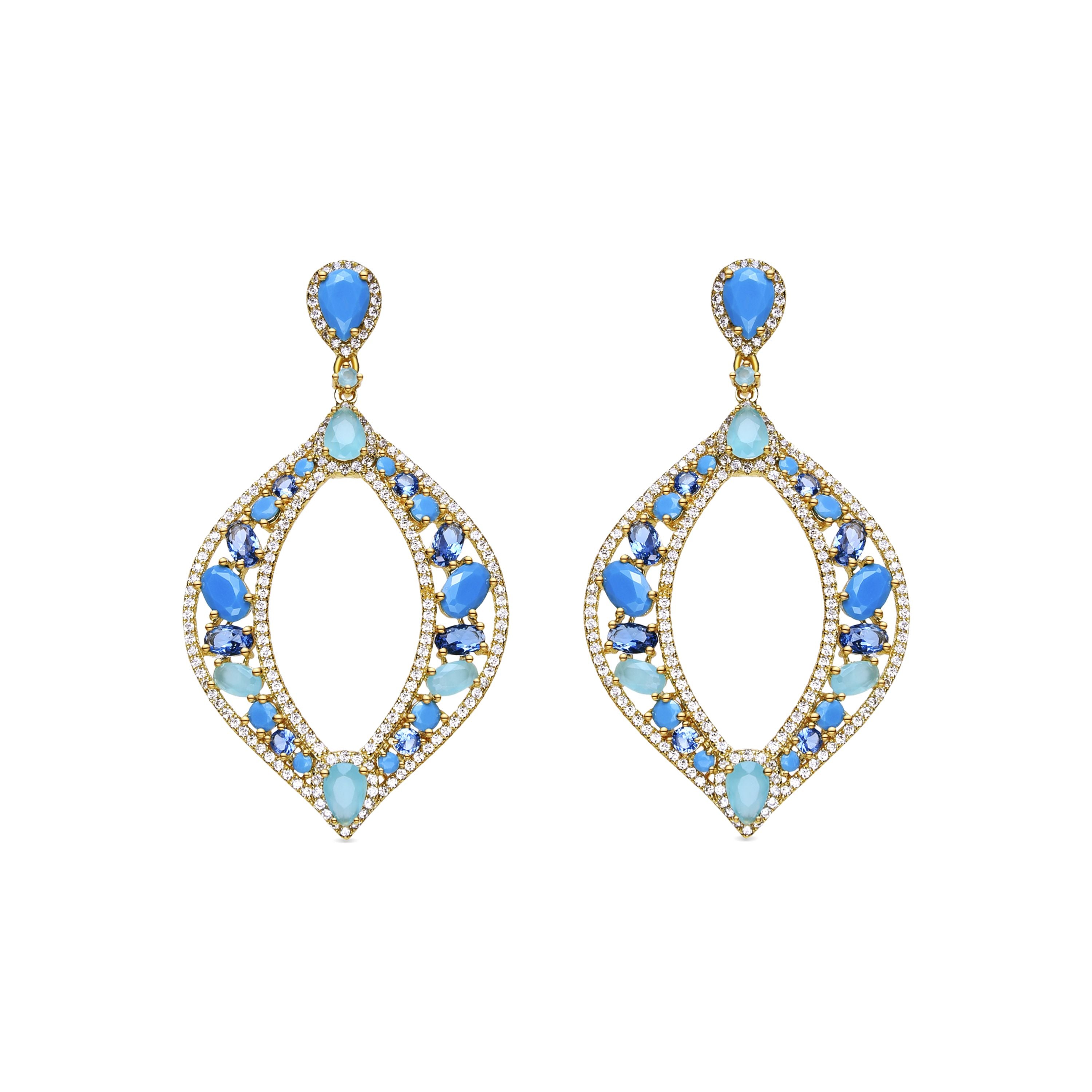 Pendientes de Plata de Ley 925 y Cuarzo Hidrotermal Azul Claro acabados en oro amarillo de 18k - Wondru