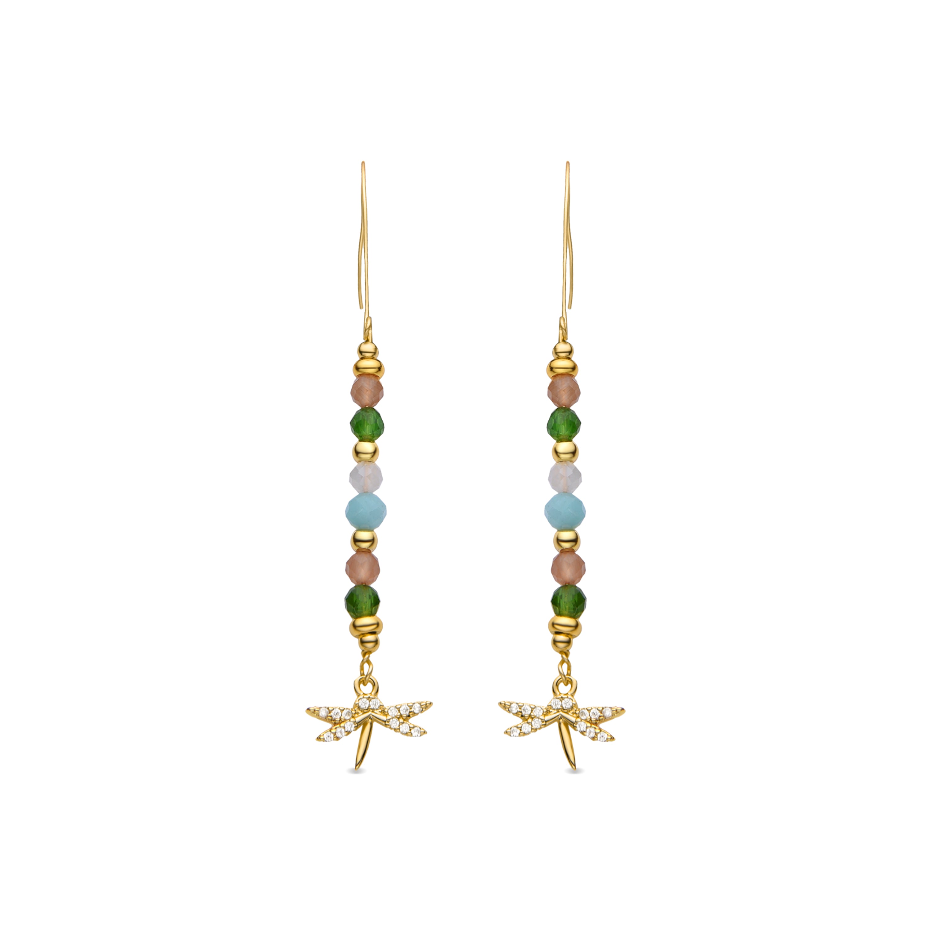 Pendientes de Plata de Ley 925 y Cristal Verde acabados en oro amarillo de 18k - Libelula