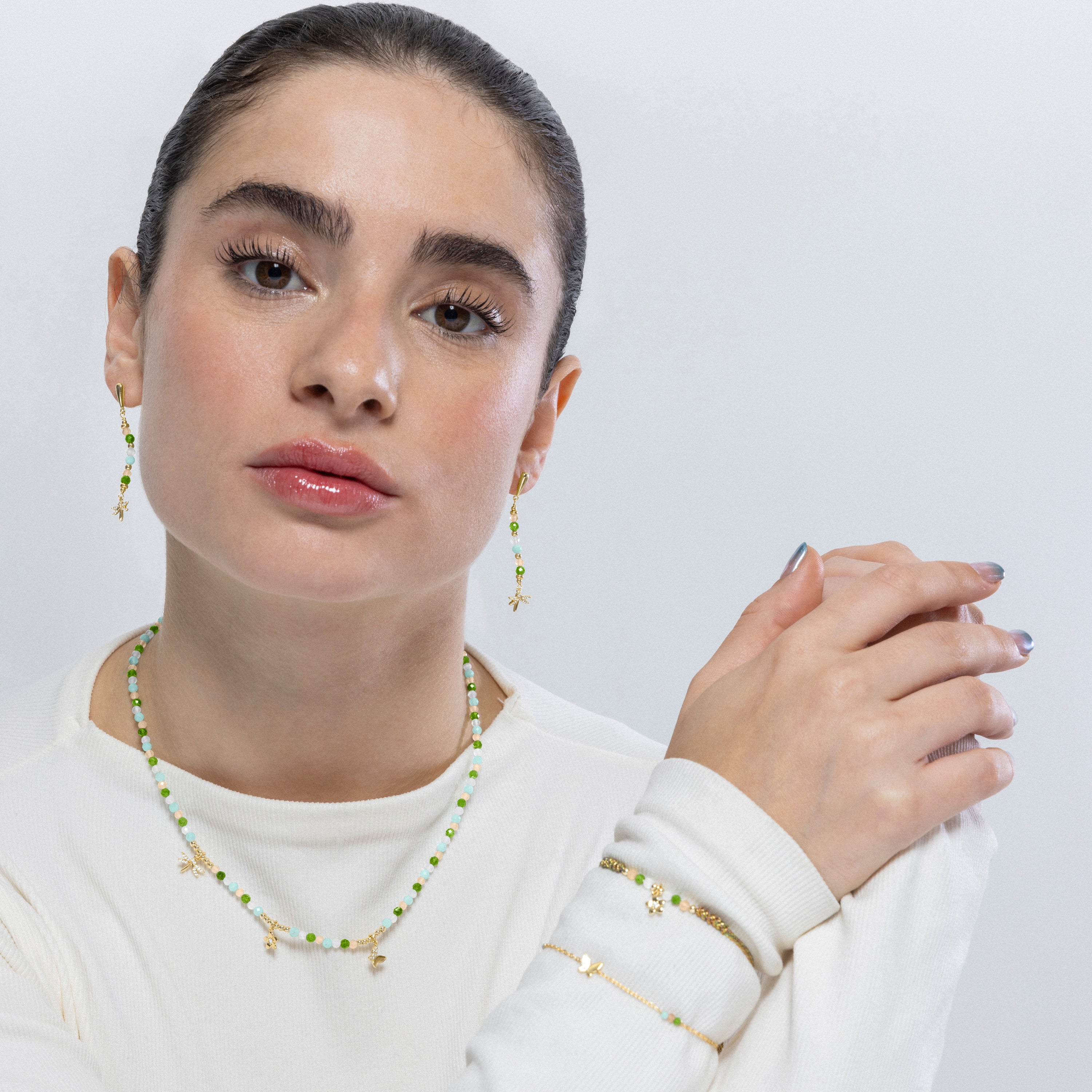 Pendientes de Plata de Ley 925 y Cristal Verde acabados en oro amarillo de 18k - Libelula