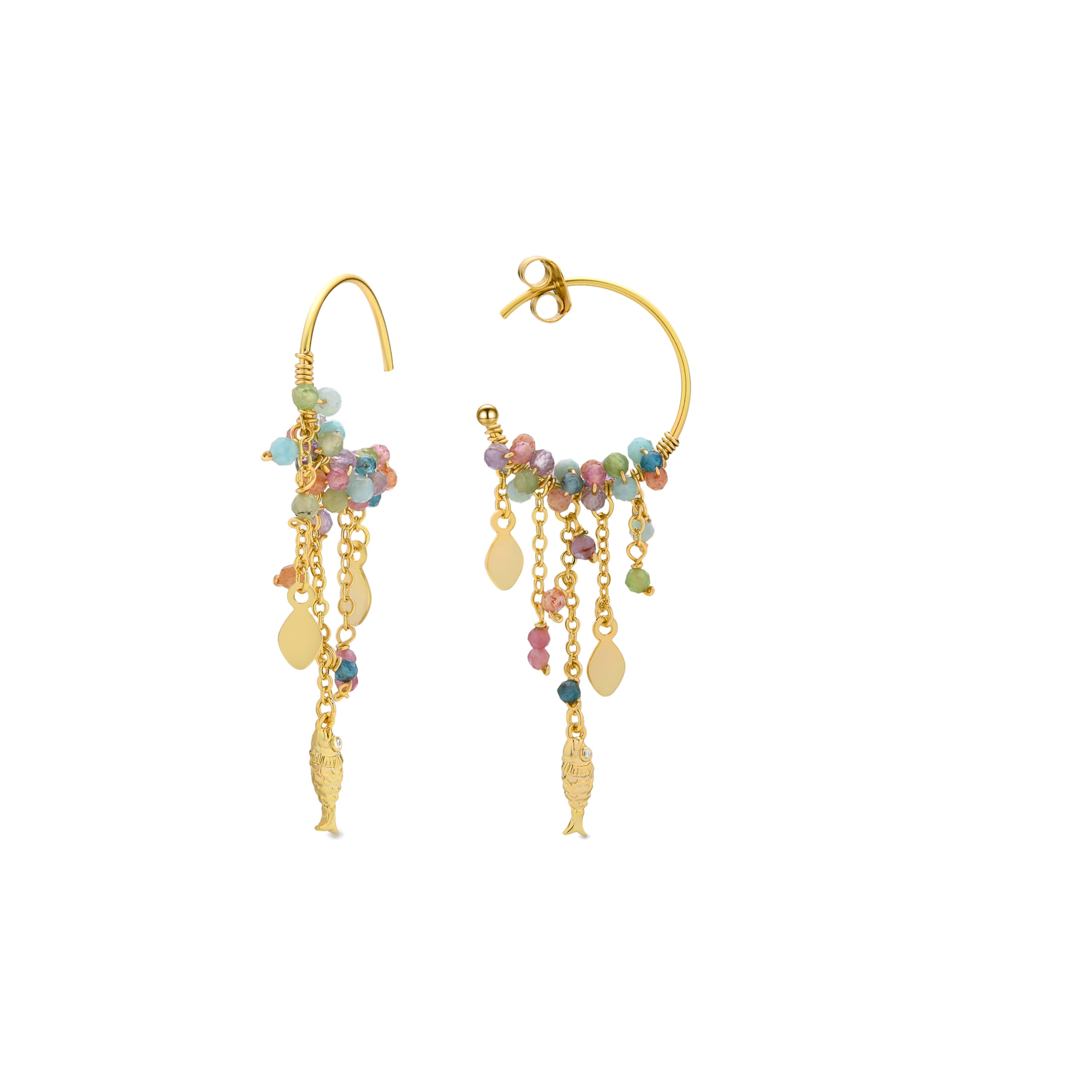 Pendientes de Plata de Ley 925 y Cristal Multicolor acabados en oro amarillo de 18k - Pez