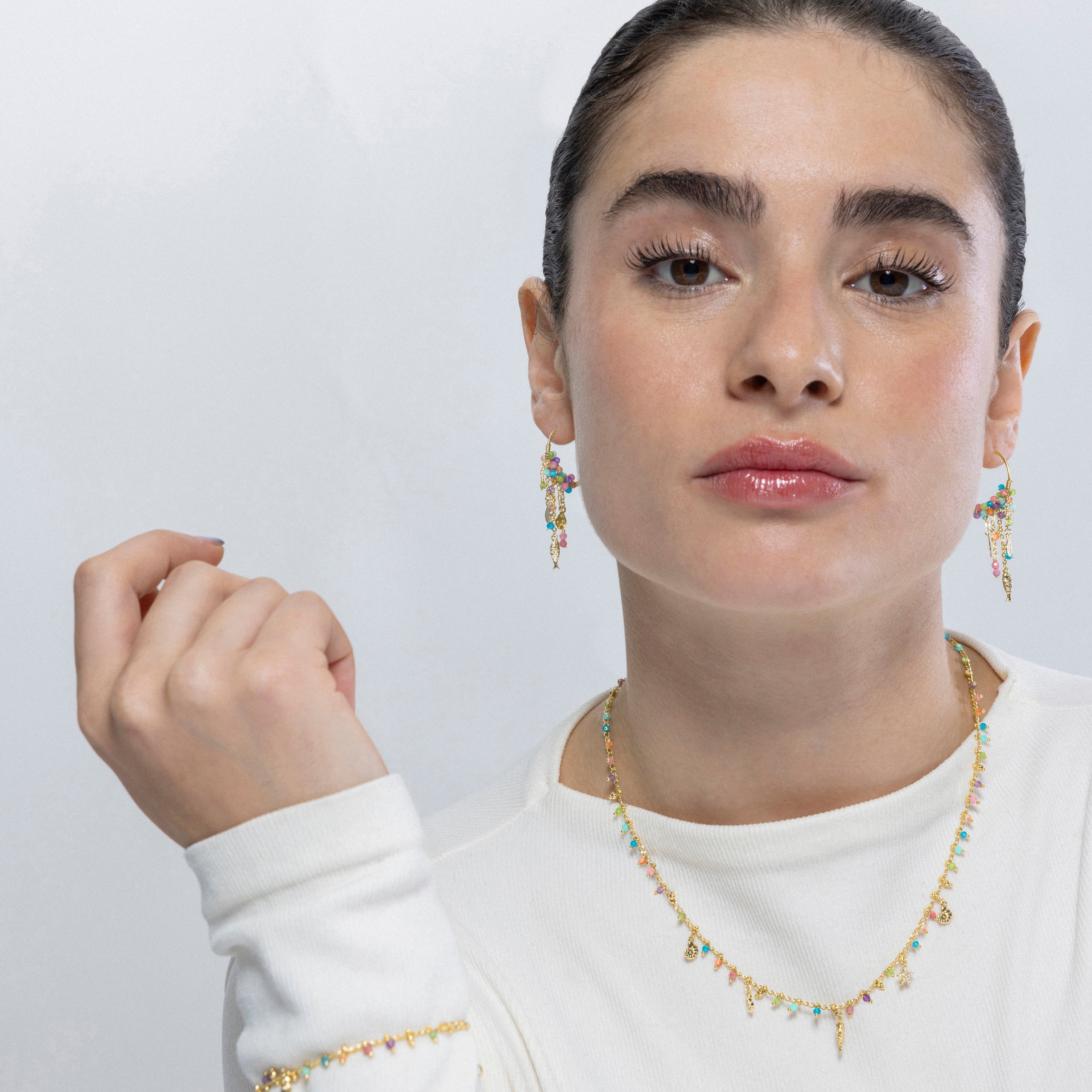 Pendientes de Plata de Ley 925 y Cristal Multicolor acabados en oro amarillo de 18k - Pez