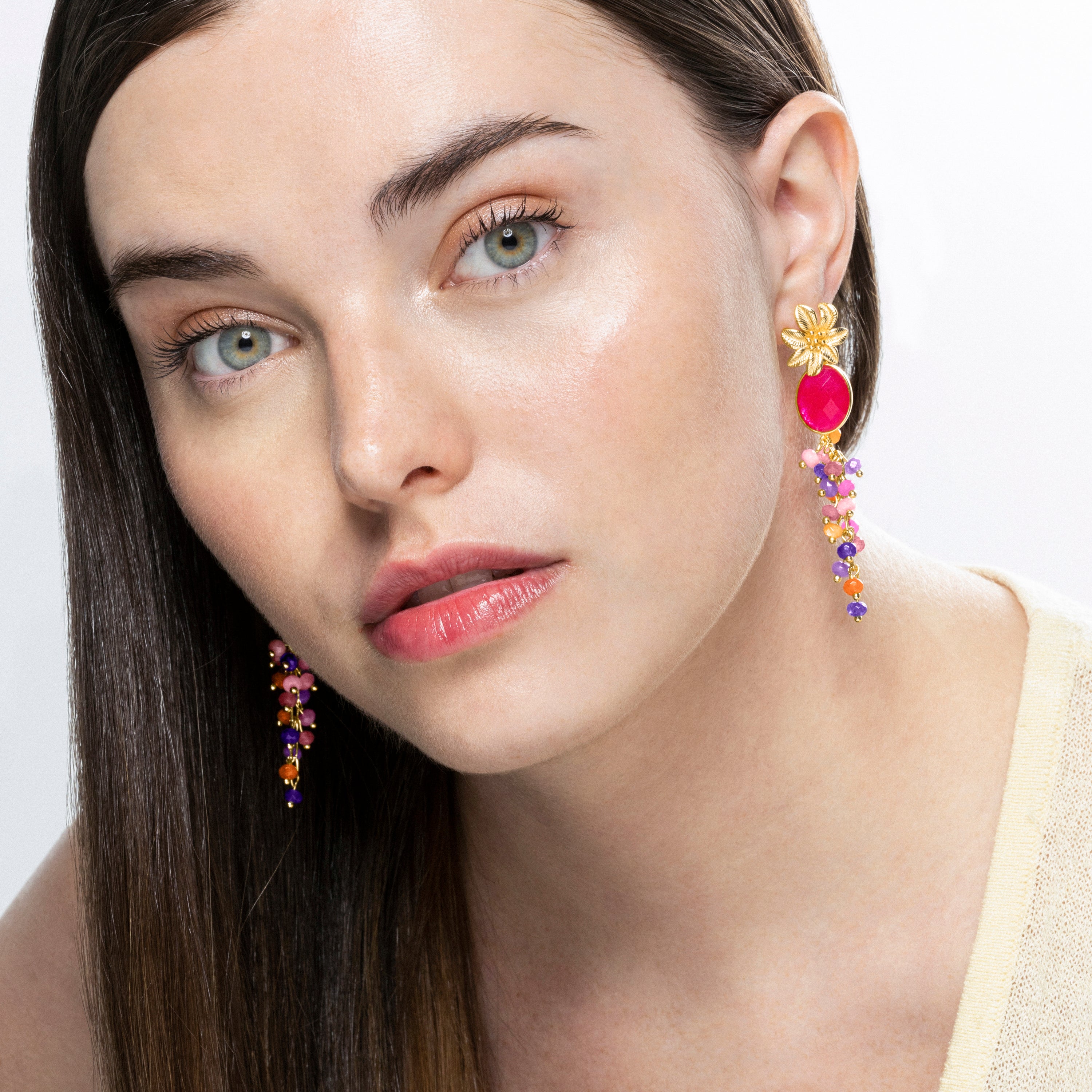 Pendientes de Plata de Ley 925 y Ojo de Gato Rosa acabados en oro amarillo de 18k - Utuk